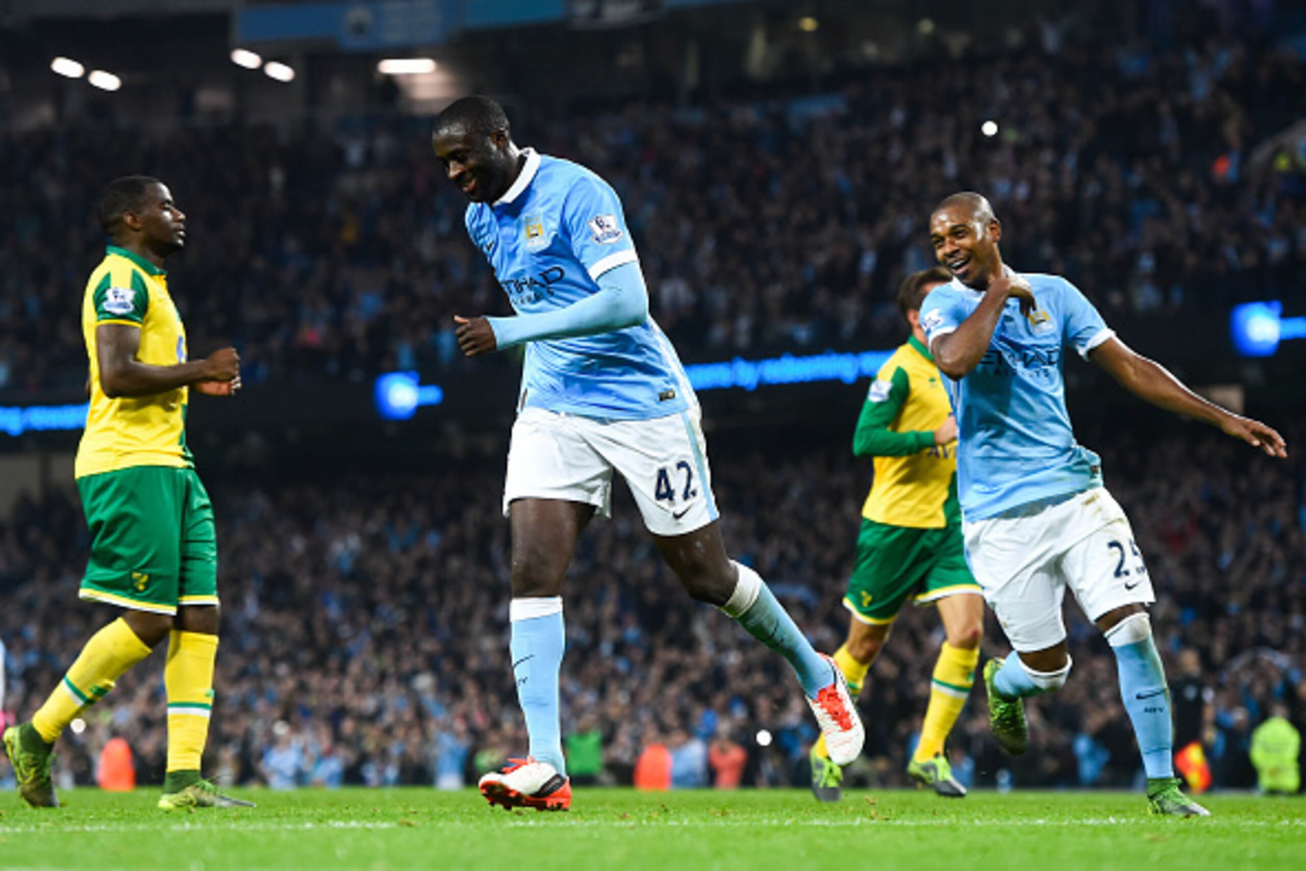 MANCHESTER, ENGLAND - OCTOBER 31:  Yaya Toure of Manchester City FC celebrates after scoring his team's second goal from the penalty spot during the Barclays Premier League match between Manchester City and Norwich City at Etihad Stadium on October 31, 20