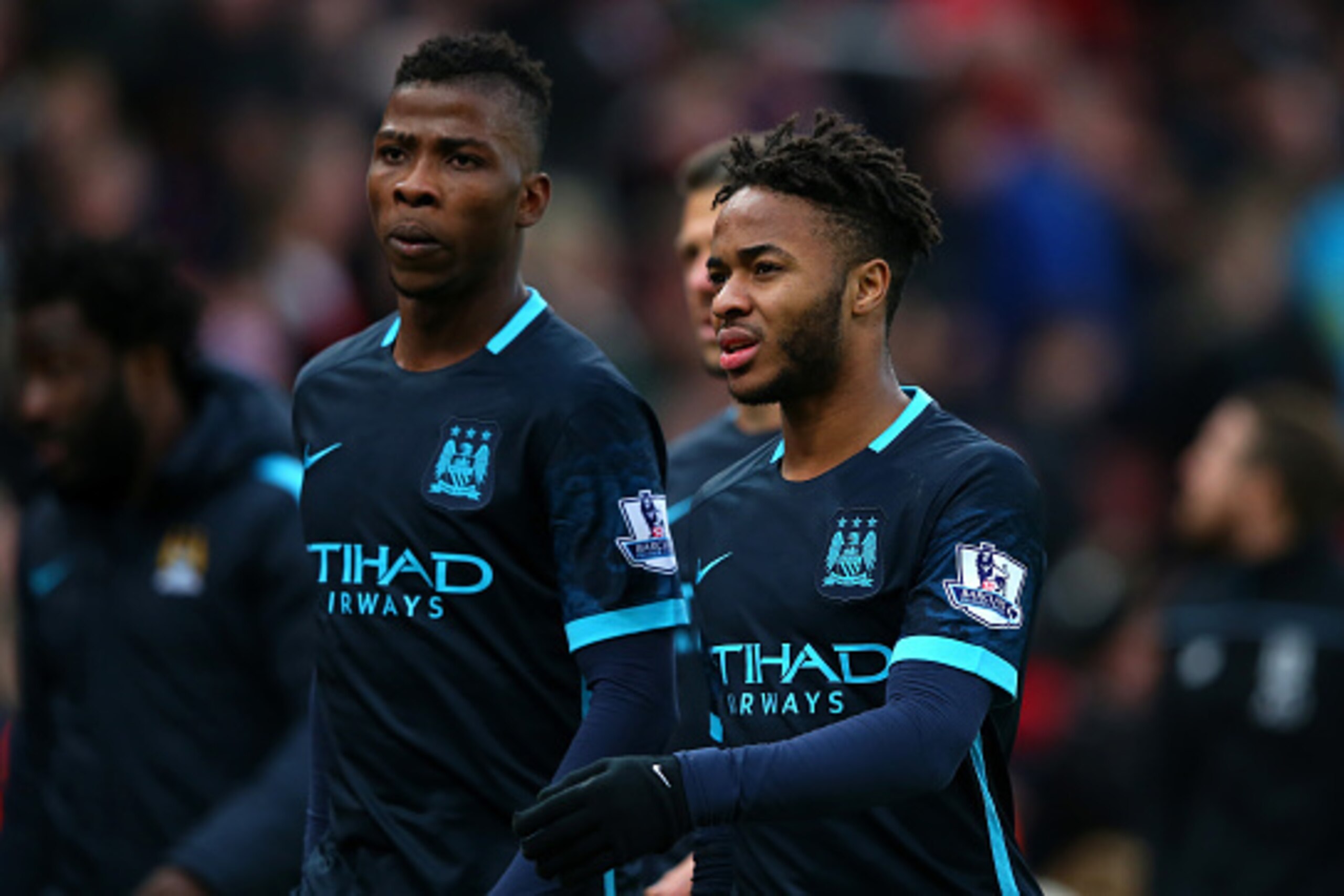 STOKE ON TRENT, ENGLAND - DECEMBER 05: Kelechi Iheanacho (L) and Raheem Sterling of Manchester City show their dejection after the Barclays Premier League match between Stoke City and Manchester City at Britannia Stadium on December 5, 2015 in Stoke on Tr