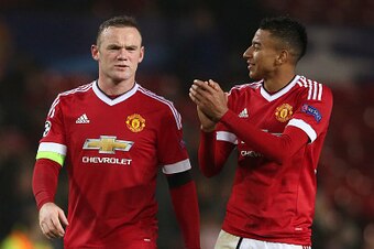 MANCHESTER, UNITED KINGDOM - NOVEMBER 03:  Wayne Rooney of Manchester United with Jesse Lingard of Manchester United during the UEFA Champions League match between Manchester United and PFC CSKA Moskva on November 3, 2015 in Manchester, United Kingdom.  (