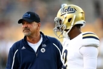 Sep 25, 2014; Tempe, AZ, USA; UCLA Bruins offensive coordinator Noel Mazzone against the Arizona State Sun Devils at Sun Devil Stadium. Mandatory Credit: Mark J. Rebilas-USA TODAY Sports