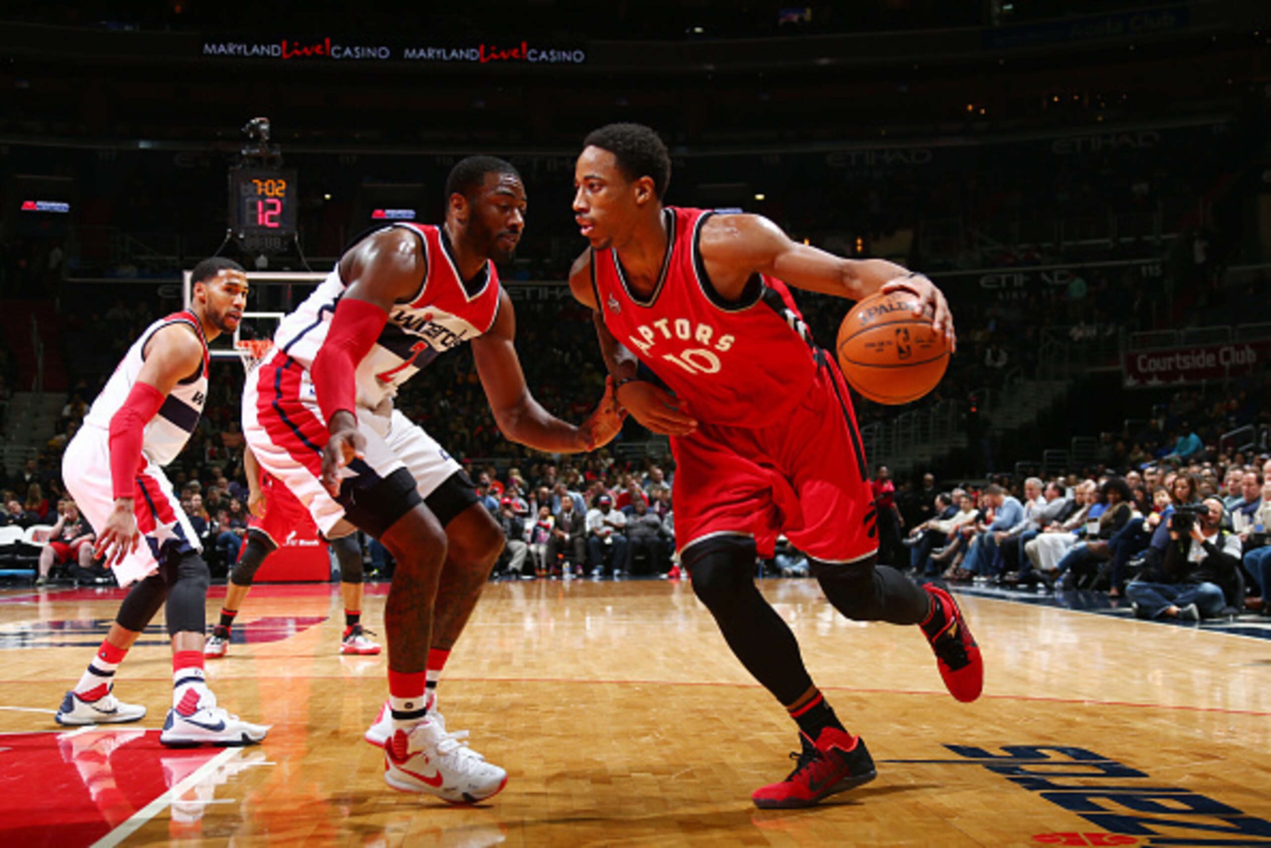 WASHINGTON, DC -  JANUARY 8: DeMar DeRozan #10 of the Toronto Raptors handles the ball against the Washington Wizards on January 8, 2016 at Verizon Center in Washington, DC. NOTE TO USER: User expressly acknowledges and agrees that, by downloading and or 