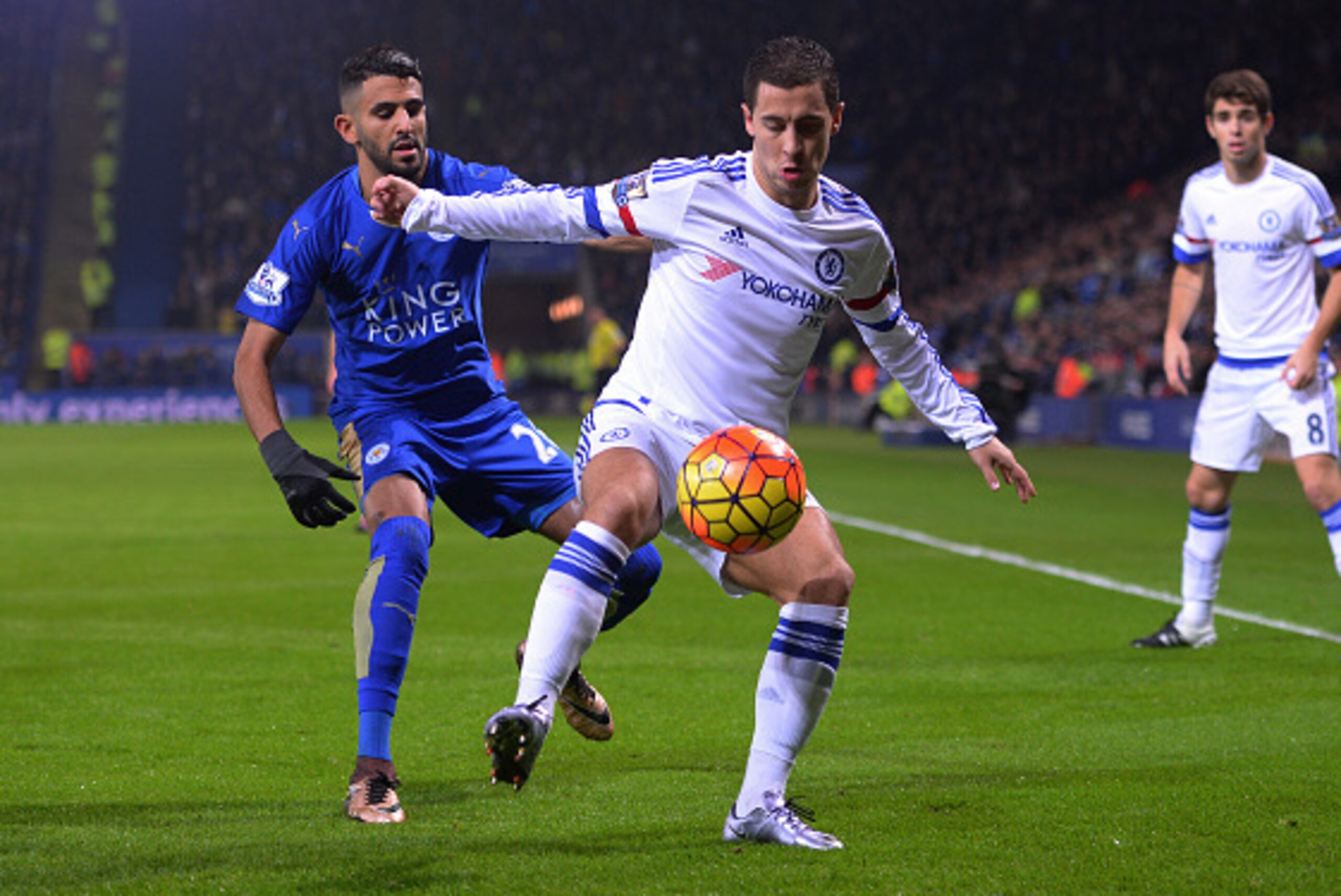 LEICESTER, ENGLAND - DECEMBER 14:  Eden Hazard of Chelsea is closed down by Riyad Mahrez of Leicester City during the Barclays Premier League match between Leicester City and Chelsea at the King Power Stadium on December14, 2015 in Leicester, United Kingd