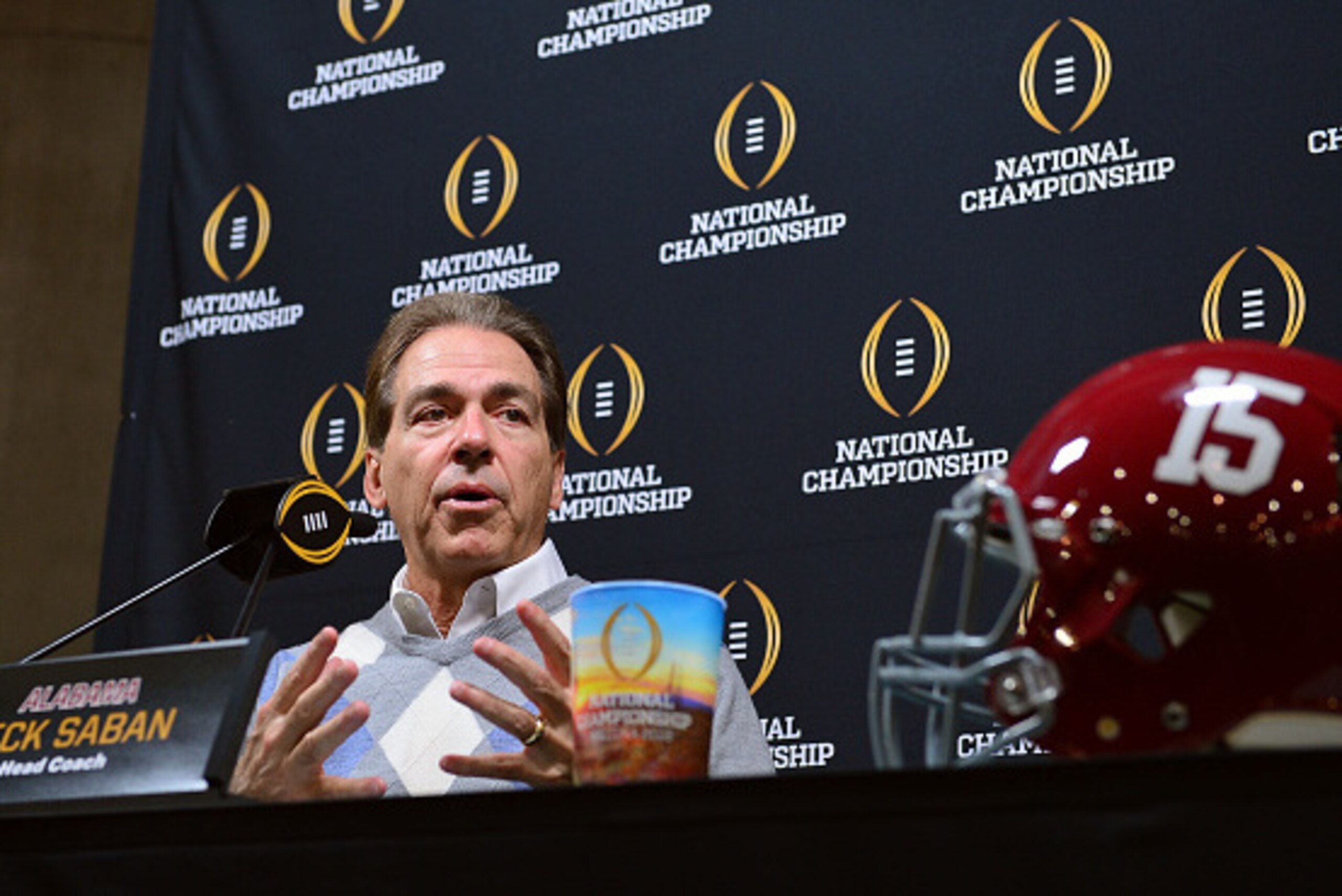 PHOENIX, AZ - JANUARY 09:  Head coach Nick Saban of the Alabama Crimson Tide addresses the media during Media Day for the College Football Playoff National Championship at Phoenix Convention Center on January 9, 2016 in Phoenix, Arizona.  (Photo by Jennif