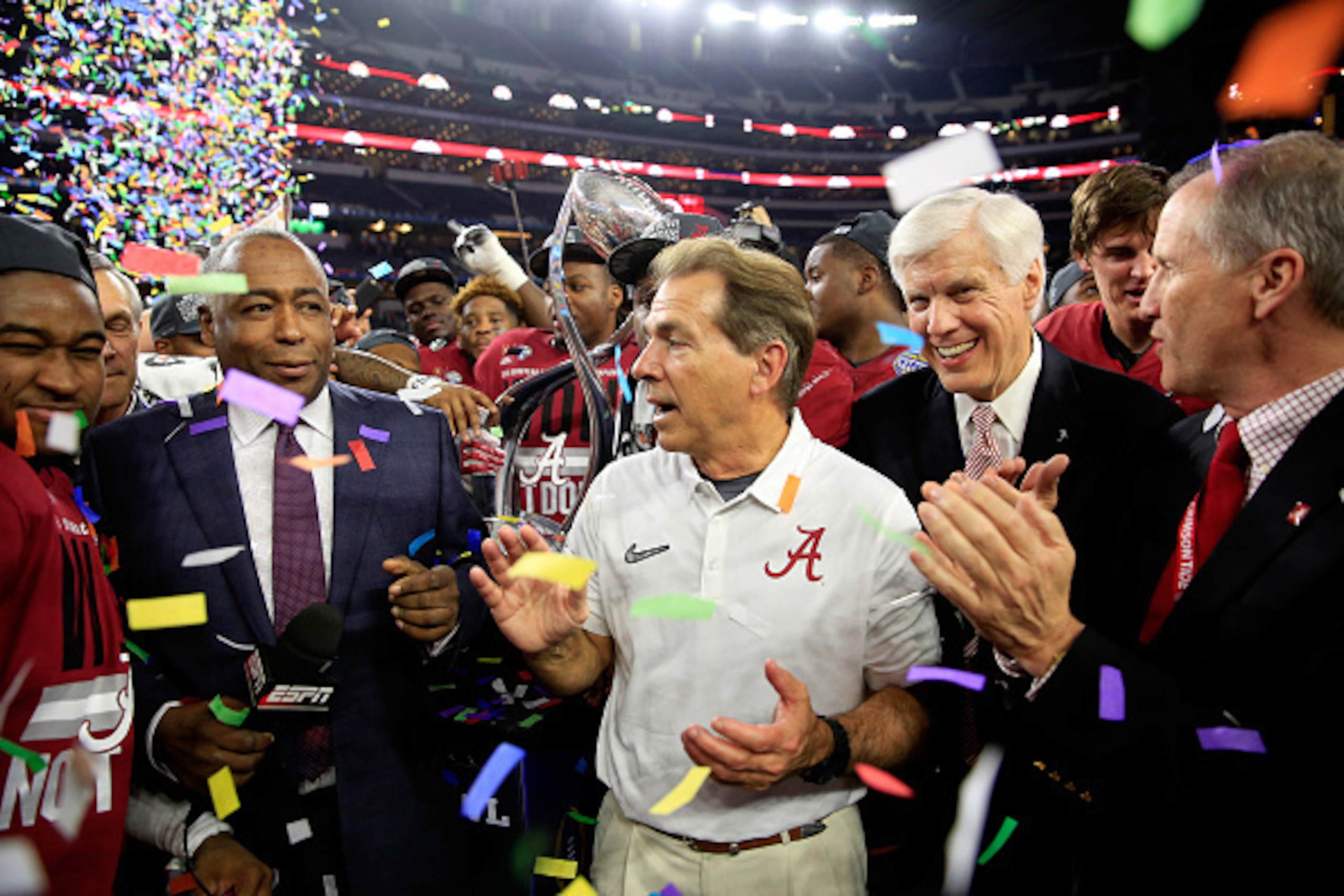 ARLINGTON, TX - DECEMBER 31:  Head coach Nick Saban of the Alabama Crimson Tide celebrates after defeating the Michigan State Spartans 38 to 0 in the Goodyear Cotton Bowl at AT&T Stadium on December 31, 2015 in Arlington, Texas.  (Photo by Jamie Squire/Ge