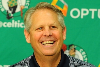 WALTHAM - JULY 15:  Danny Ainge speaks at press conference announcing Keith Bogans, MarShon Brooks and Kris Humphries as a members of the Boston Celtics on July 15, 2013 at The Training Center at Healthpoint in Waltham, Massachusetts.  NOTE TO USER: User 
