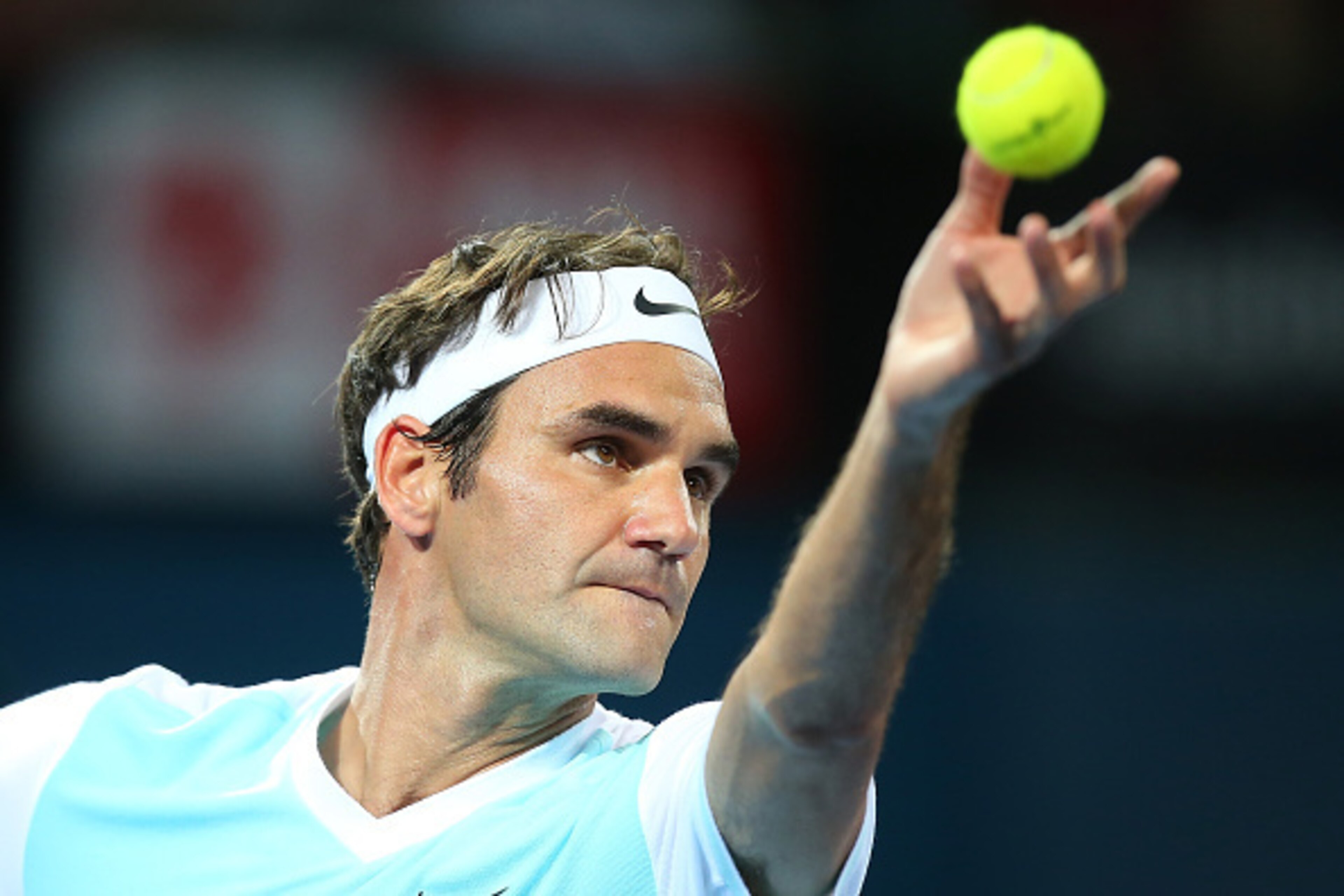 BRISBANE, AUSTRALIA - JANUARY 10:  Roger Federer of Switzerland serves in the Mens Final against Milos Raonic of Canada during day eight of the 2016 Brisbane International at Pat Rafter Arena on January 10, 2016 in Brisbane, Australia.  (Photo by Chris Hy