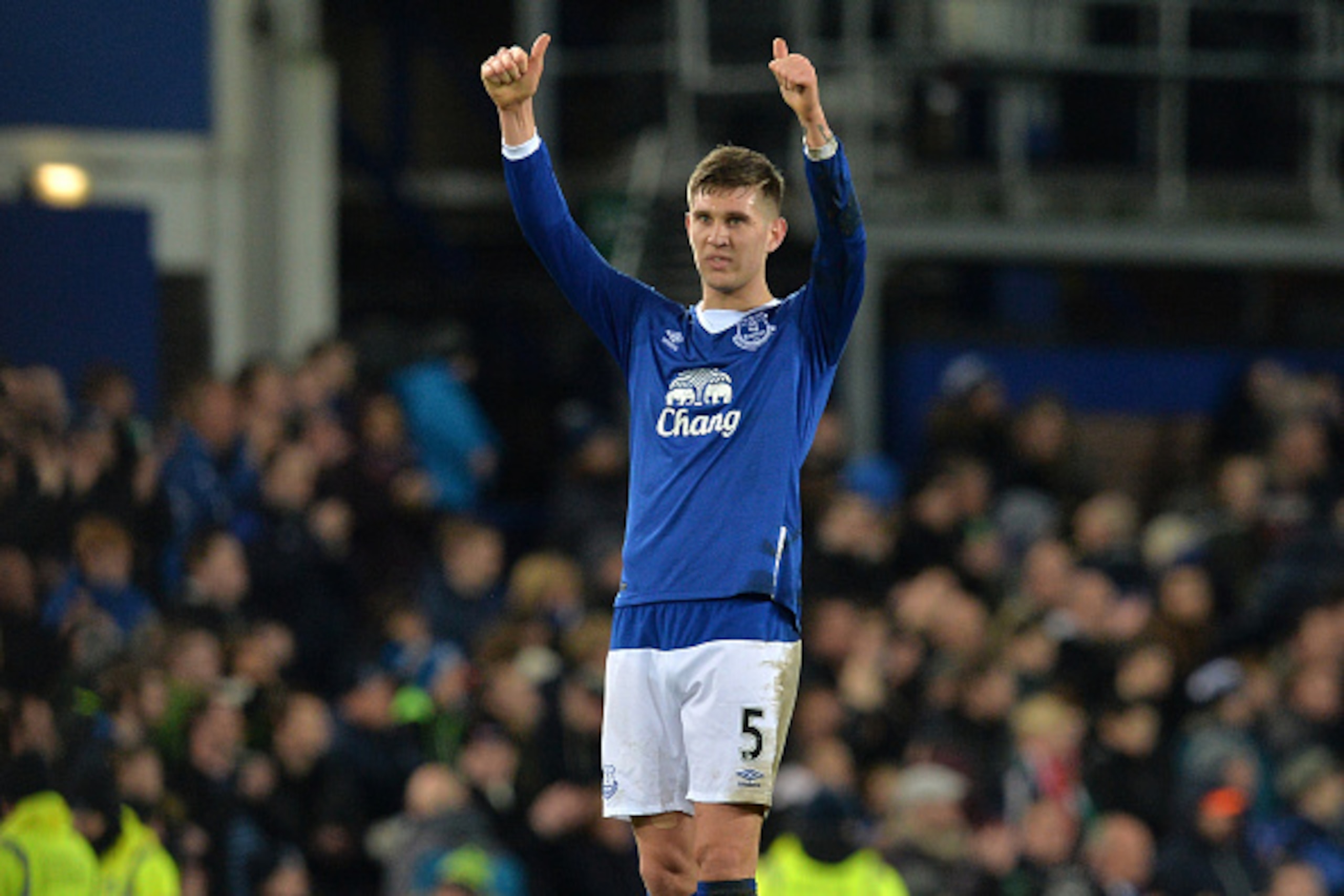 Everton's English defender John Stones gestures to supporters after the English Premier League football match between Everton and Tottenham Hotspur at Goodison Park in Liverpool, north west England on January 3, 2016. The game finished 1-1. AFP PHOTO / P Everton's English defender John Stones gestures to supporters after the English Premier League football match between Everton and Tottenham Hotspur at Goodison Park in Liverpool, north west England on January 3, 2016. The game finished 1-1. AFP PHOTO / P