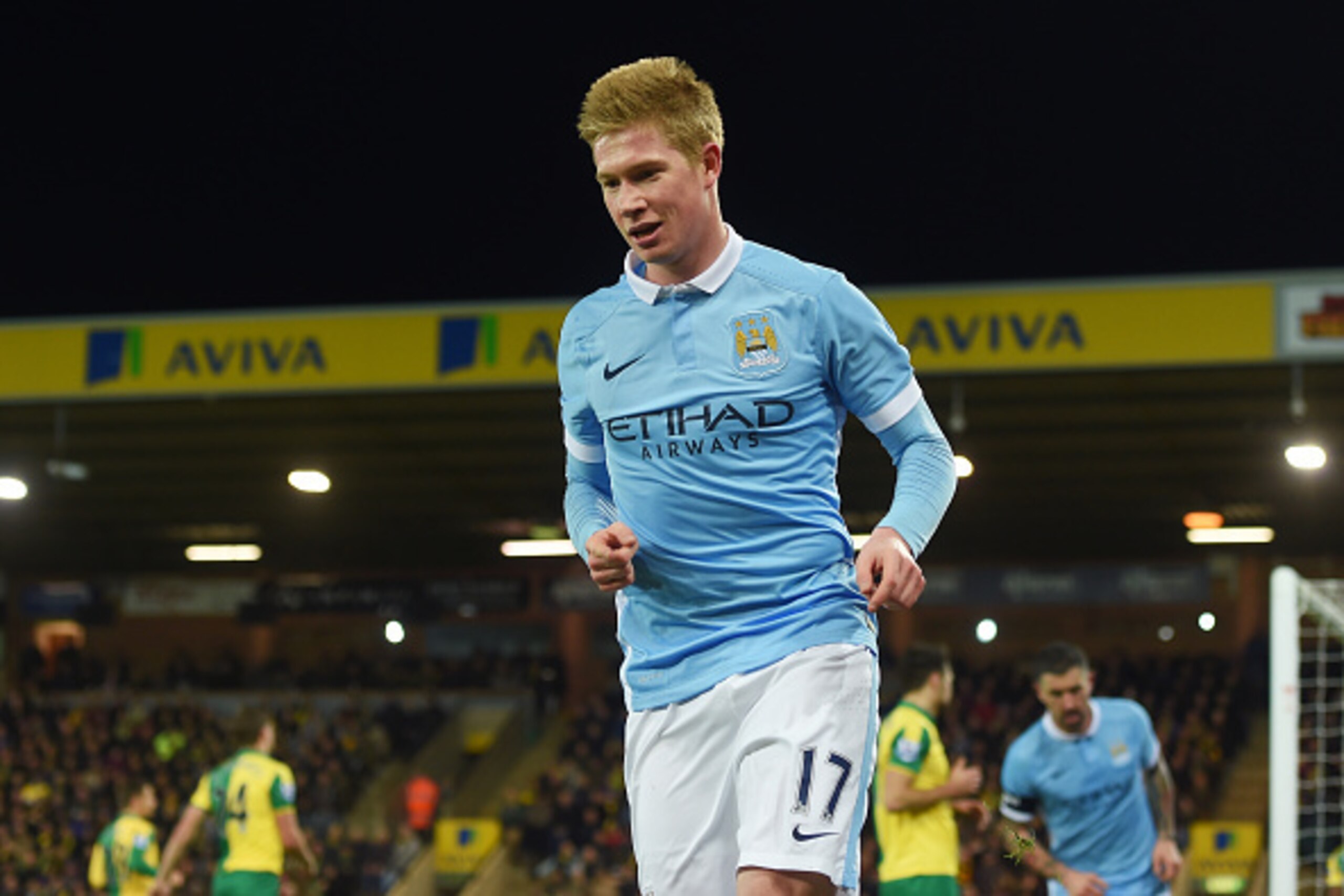 NORWICH, ENGLAND - JANUARY 09:  Kevin de Bruyne of Manchester City celebrates scoring his team's third goal during the Emirates FA Cup third round match between Norwich City and Manchester City at Carrow Road on January 9, 2016 in Norwich, England.  (Phot