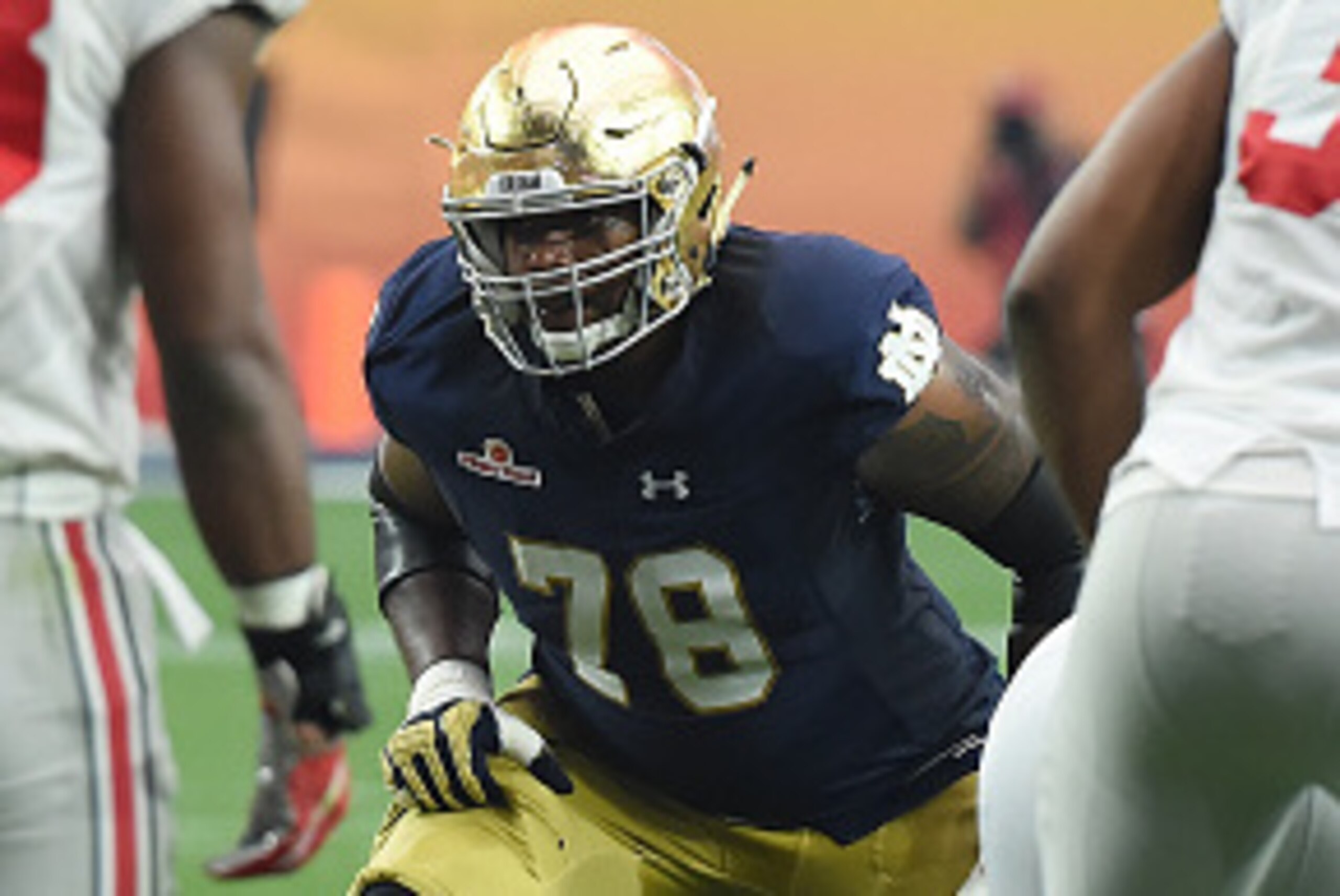 GLENDALE, AZ - JANUARY 01:  Ronnie Stanley #78 of the Notre Dame Fighting Irish gets ready to pass block against the Ohio State Buckeyes during the BattleFrog Fiesta Bowl at the University of Phoenix Stadium on January 1, 2016 in Glendale, Arizona.  (Phot