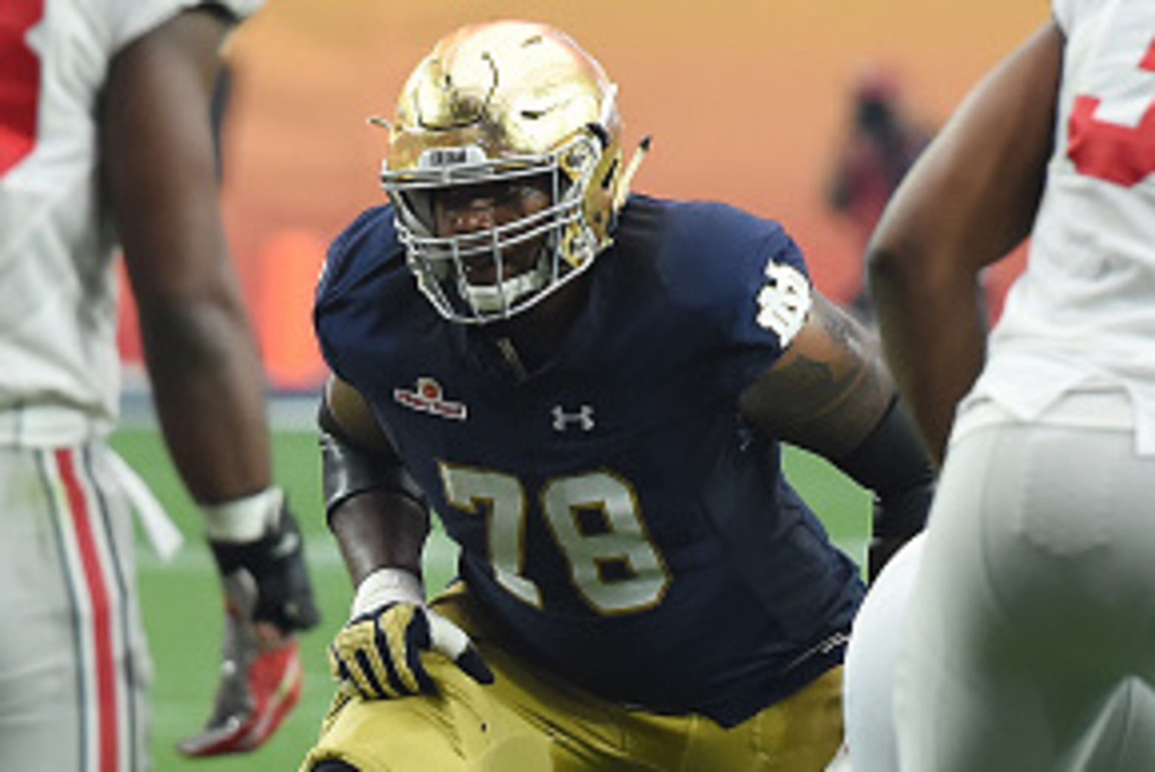 GLENDALE, AZ - JANUARY 01:  Ronnie Stanley #78 of the Notre Dame Fighting Irish gets ready to pass block against the Ohio State Buckeyes during the BattleFrog Fiesta Bowl at the University of Phoenix Stadium on January 1, 2016 in Glendale, Arizona.  (Phot