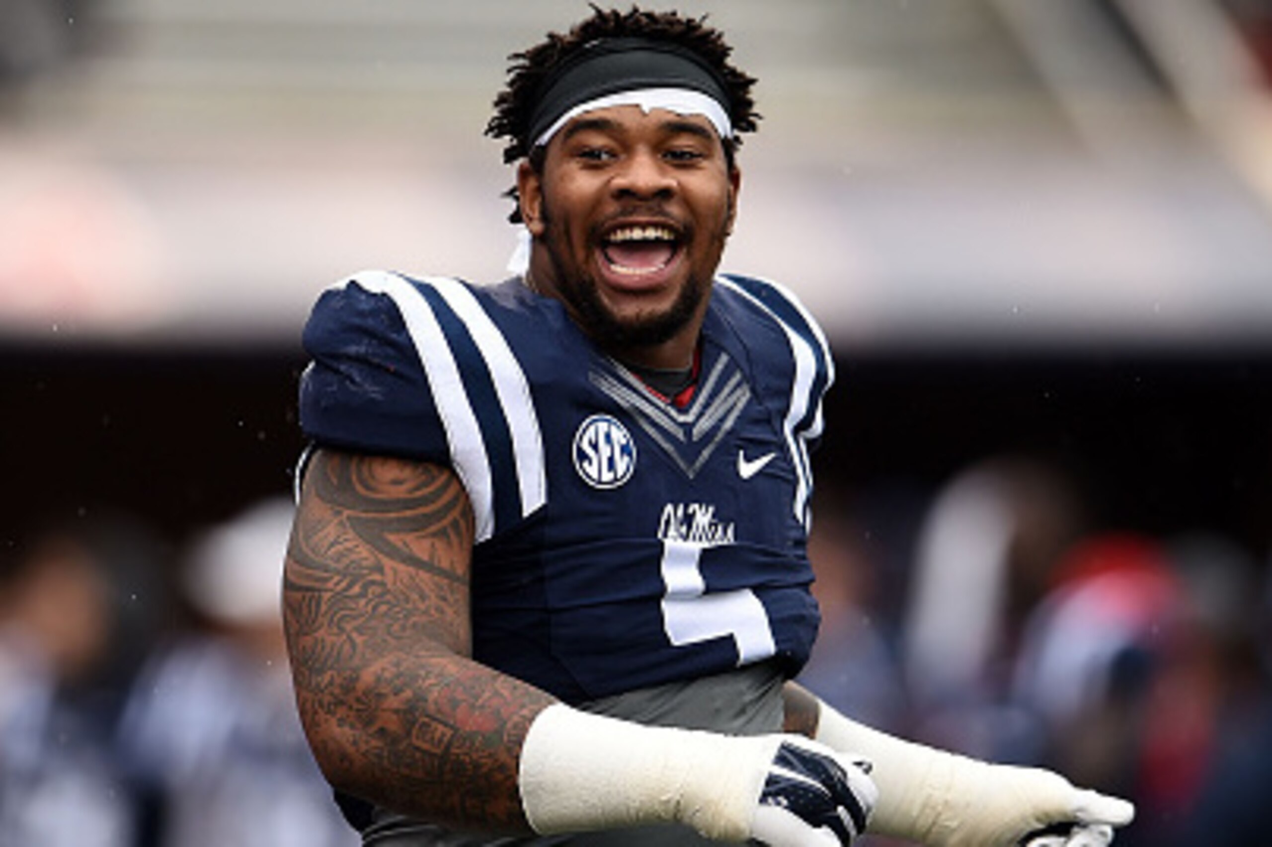 OXFORD, MS - NOVEMBER 07:  Robert Nkemdiche #5 of the Mississippi Rebels participates in warmups prior to a game against the Arkansas Razorbacks at Vaught-Hemingway Stadium on November 7, 2015 in Oxford, Mississippi.  (Photo by Stacy Revere/Getty Images)