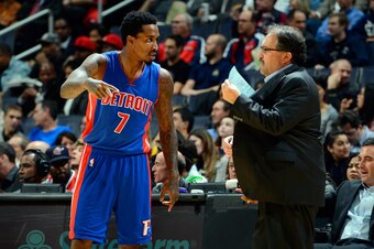 WASHINGTON, DC - NOVEMBER 12:  Head coach Stan Van Gundy of the Detroit Pistons talks to Brandon Jennings #7 during the game against the Washington Wizards at Verizon Center on November 12, 2014 in Washington, DC.  (Photo by G Fiume/Getty Images)