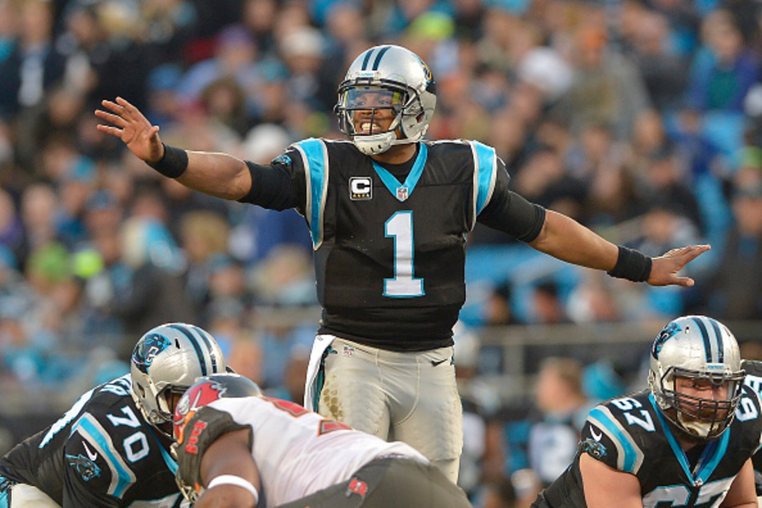 CHARLOTTE, NC - JANUARY 03:  Cam Newton #1 of the Carolina Panthers against the Tampa Bay Buccaneers during their game at Bank of America Stadium on January 3, 2016 in Charlotte, North Carolina. The Panthers won 38-10 to clinch home field advantage for th