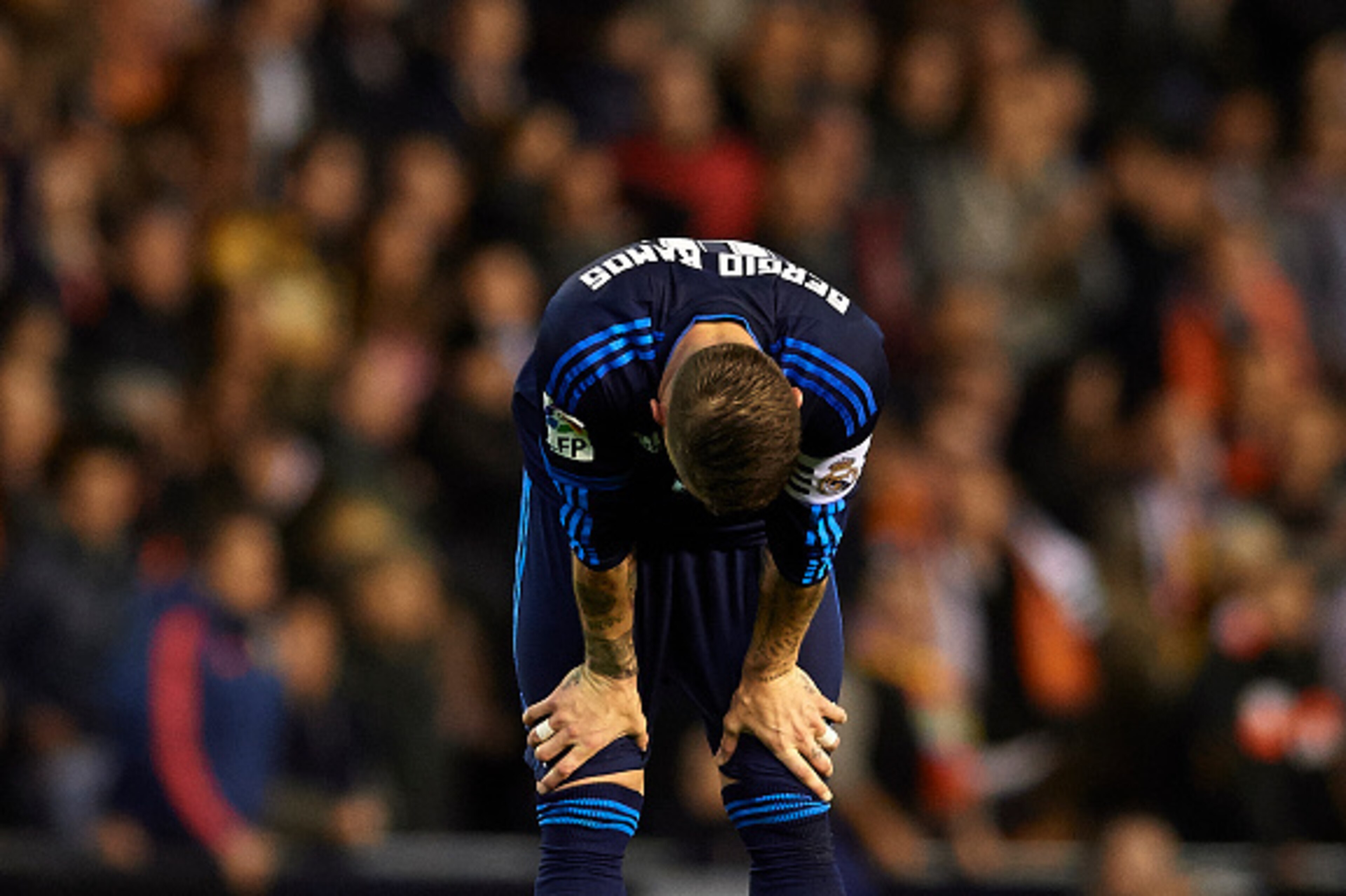 VALENCIA, SPAIN - JANUARY 03:  Sergio Ramos of Real Madrid reacts at the end of the La Liga match between Valencia CF and Real Madrid CF at Estadi de Mestalla on January 03, 2016 in Valencia, Spain.  (Photo by Manuel Queimadelos Alonso/Getty Images)