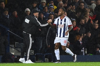 WEST BROMWICH, ENGLAND - JANUARY 09:  Saido Berahino of West Bromwich Albion shakes hands with manager Tony Pulis after scoring his team's first goal during the Emirates FA Cup Third Round match between West Bromwich Albion and Bristol City at The Hawthor