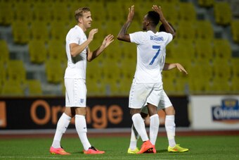 TIRASPOL, MOLDOVA - SEPTEMBER 9:  Harry Kane and Saido Berahino of England celebrate after the third goal during the Moldova v England UEFA U21 Championship Qualifier 2015 match at Stadionul Sheriff on September 9, 2014 in Tiraspol, Moldova. (Photo by Get