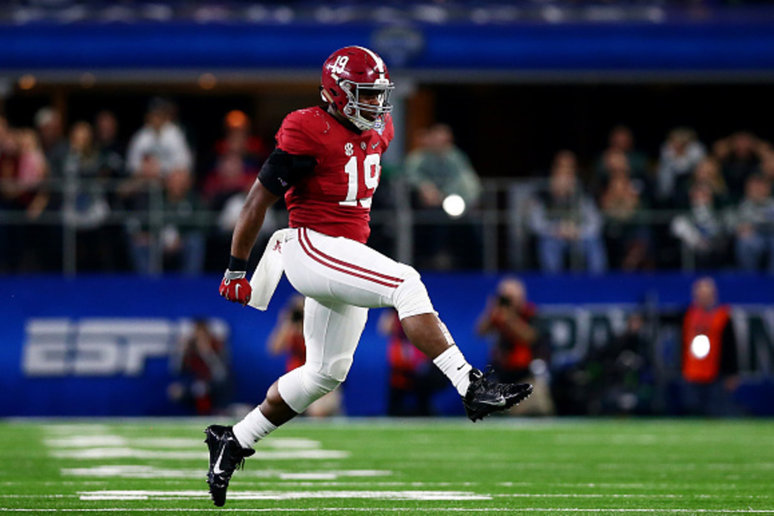ARLINGTON, TX - DECEMBER 31:  Linebacker Reggie Ragland #19 of the Alabama Crimson Tide reacts after stopping the Michigan State Spartans on third down in the first quarter during the Goodyear Cotton Bowl at AT&T Stadium on December 31, 2015 in Arlington,