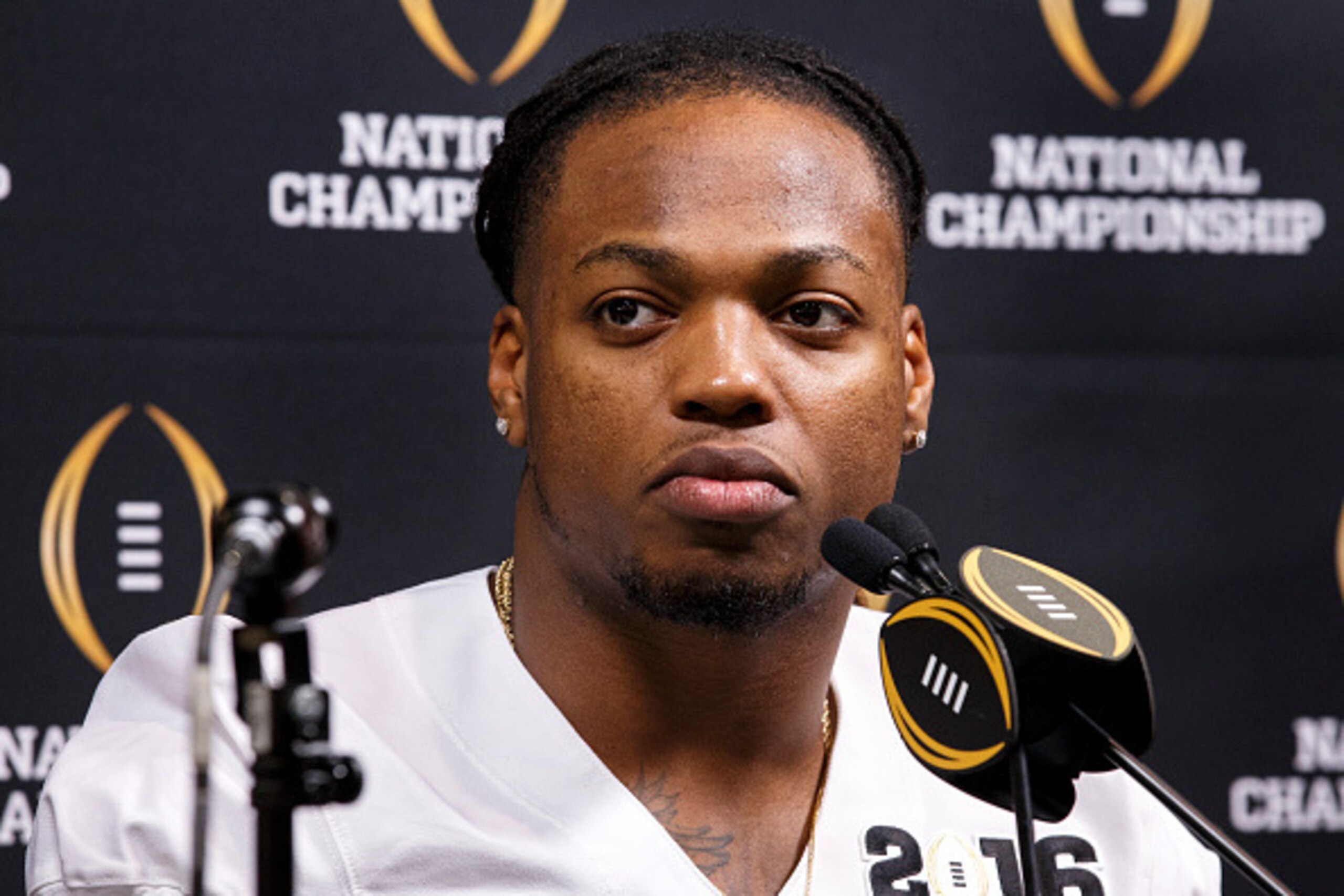 PHOENIX, AZ - JANUARY 9: Heisman Trophy Winner and Runningback Derrick Henry #2 of the Alabama Crimson Tide addresses the media during Media Day before the College Football Playoff National Championship at Phoenix Convention Center on January 9, 2016 in P