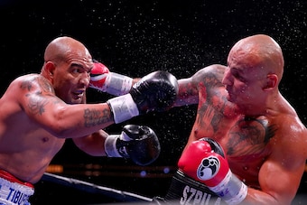 NEWARK, NJ - AUGUST 14:  Yasmany Consuegra and Artur Szpilka exchange punches during the Premier Boxing Champions Heavyweight bout at the Prudential Center on August 14, 2015 in Newark, New Jersey.  (Photo by Elsa/Getty Images)