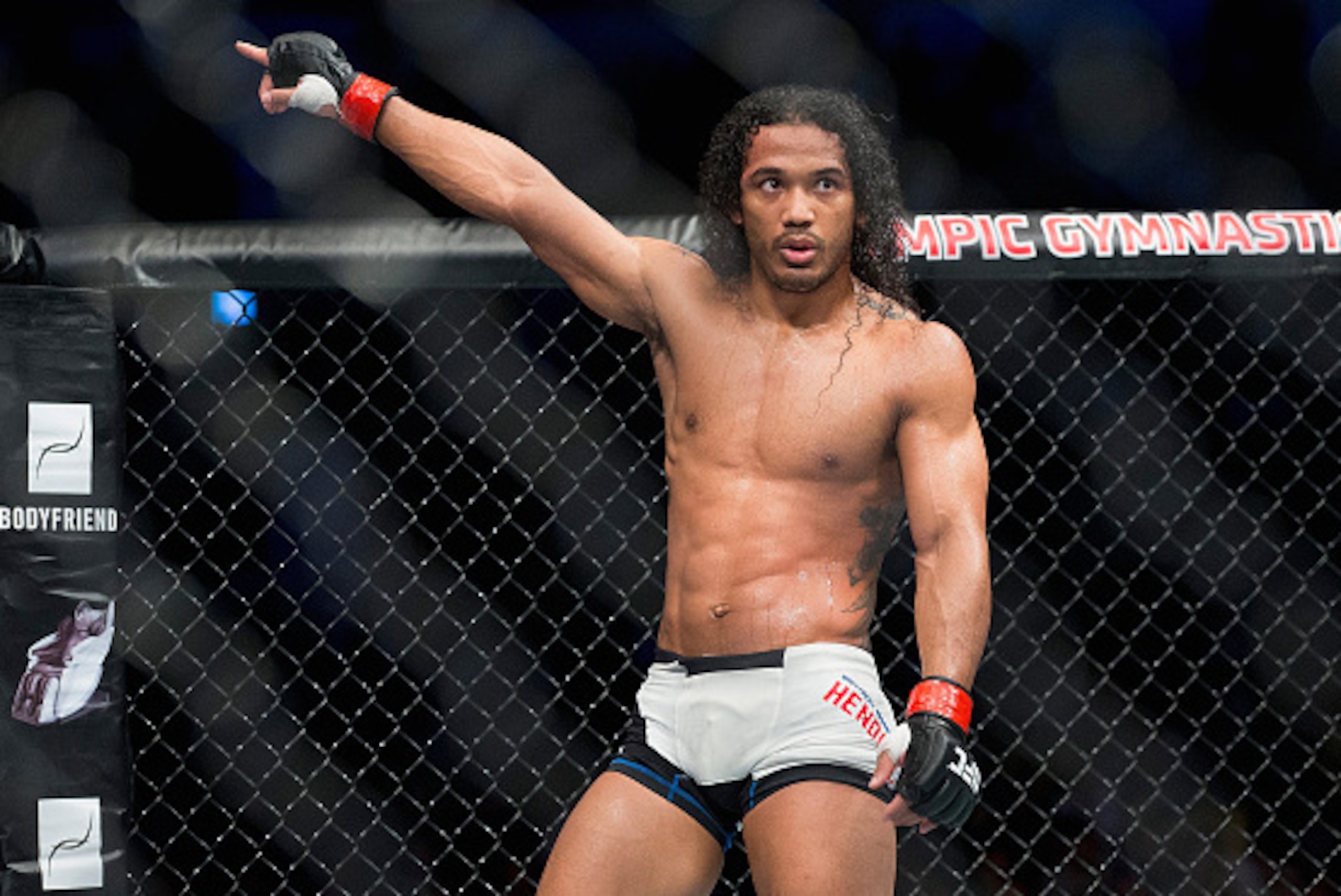 SEOUL, SOUTH KOREA - NOVEMBER 28:  Benson Henderson of the United States of America stares down Jorge Masvidal of the United States of America in their welterweight bout during the UFC Fight Night at the Olympic Park Gymnastics Arena on November 28, 2015 