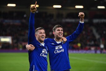 BOURNEMOUTH, ENGLAND - NOVEMBER 28:  Ross Barkley (L) of Everton celebrates scoring his team's third goal with his team mate John Stones (R) during the Barclays Premier League match between A.F.C. Bournemouth and Everton at Vitality Stadium on November 28