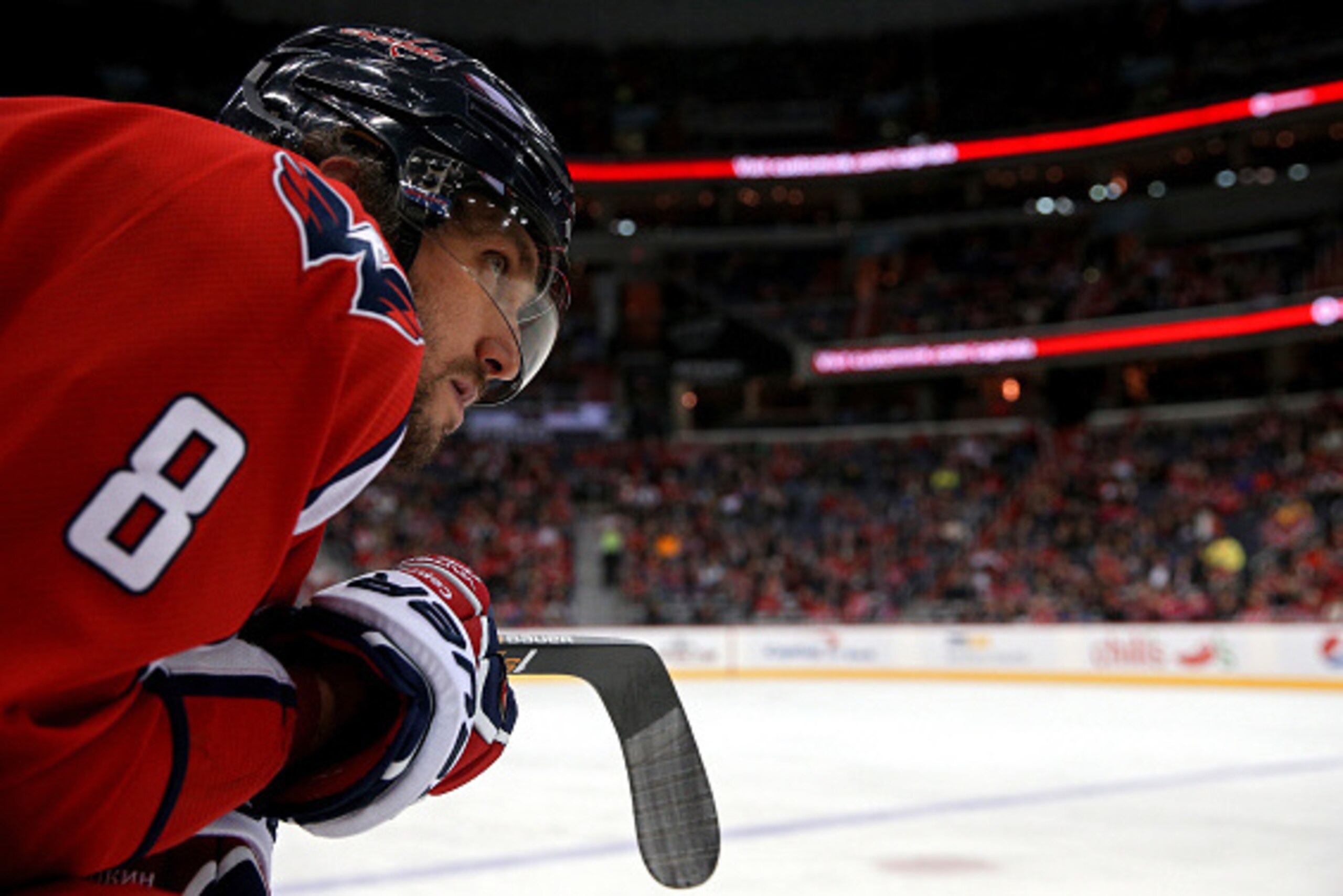 WASHINGTON, DC - NOVEMBER 23: Alex Ovechkin #8 of the Washington Capitals looks on from the bench against the Edmonton Oilers in the first period at Verizon Center on November 23, 2015 in Washington, DC. (Photo by Patrick Smith/Getty Images)