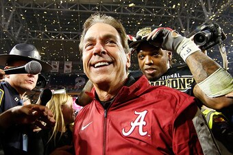 GLENDALE, AZ - JANUARY 11:  Head coach Nick Saban of the Alabama Crimson Tide celebrates after defeating the Clemson Tigers in the 2016 College Football Playoff National Championship Game at University of Phoenix Stadium on January 11, 2016 in Glendale, A