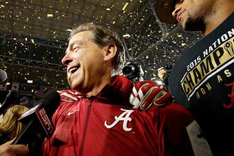 GLENDALE, AZ - JANUARY 11:  Head coach Nick Saban of the Alabama Crimson Tide celebrates after defeating the Clemson Tigers in the 2016 College Football Playoff National Championship Game at University of Phoenix Stadium on January 11, 2016 in Glendale, A