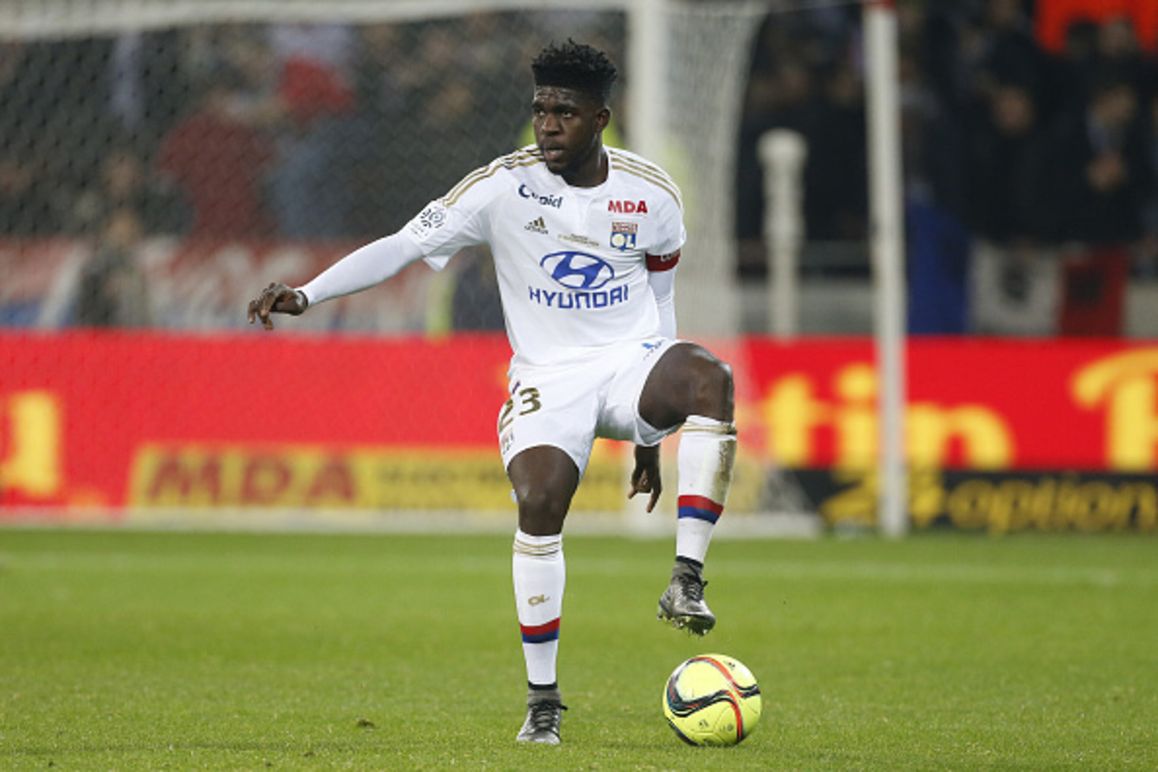 LYON, FRANCE - JANUARY 9: Samuel Umtiti of Lyon in action during the French Ligue 1 match between Olympique Lyonnais (OL) and Troyes ESTAC at their brand new stadium, Parc Olympique Lyonnais on January 9, 2016 in Lyon, France. (Photo by Jean Catuffe/Getty