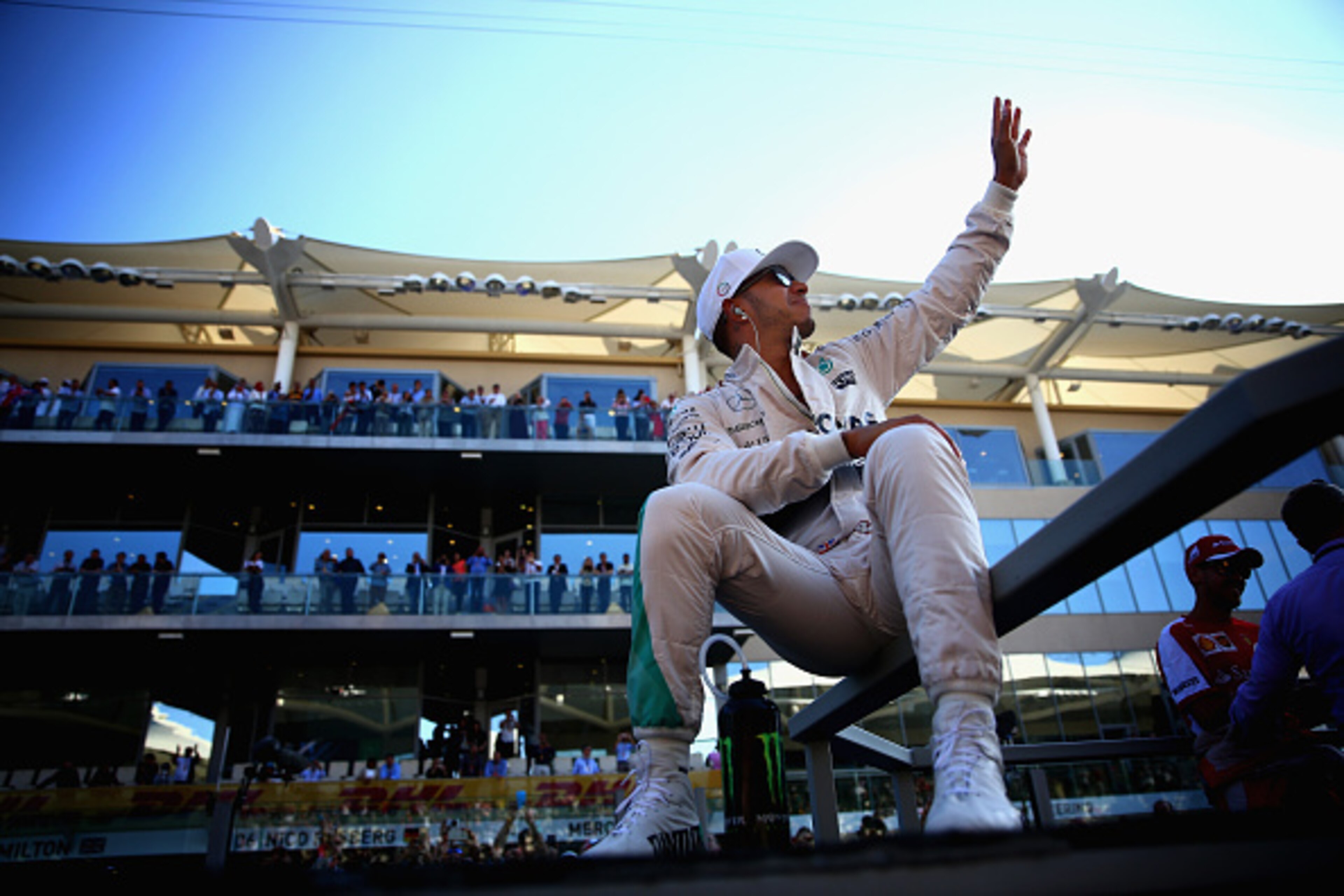 ABU DHABI, UNITED ARAB EMIRATES - NOVEMBER 29:  Lewis Hamilton of Great Britain and Mercedes GP takes part in the drivers' parade before the Abu Dhabi Formula One Grand Prix at Yas Marina Circuit on November 29, 2015 in Abu Dhabi, United Arab Emirates.  (