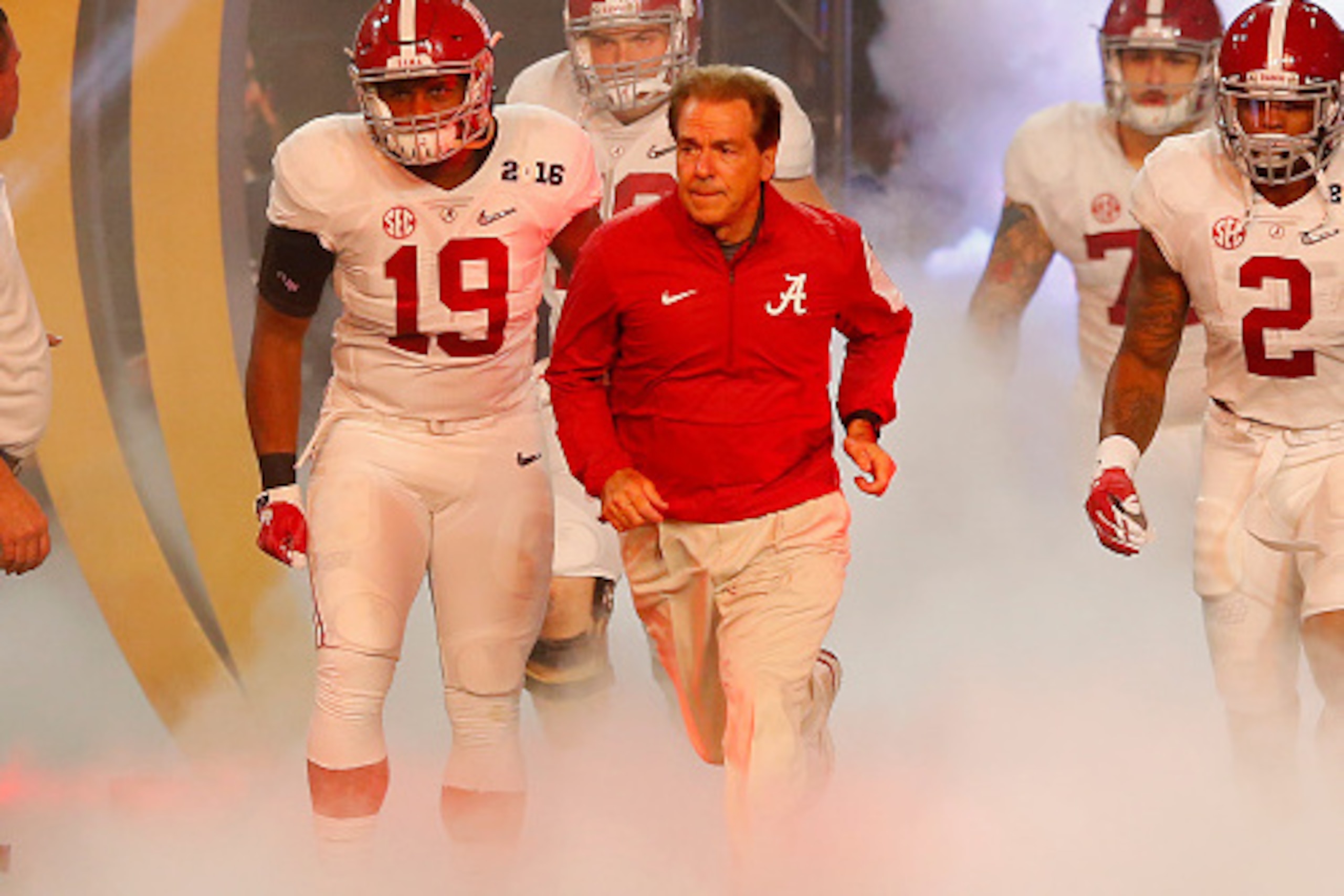 GLENDALE, AZ - JANUARY 11:  Head coach Nick Saban of the Alabama Crimson Tide takes the field with his team prior to the 2016 College Football Playoff National Championship Game against the Clemson Tigers at University of Phoenix Stadium on January 11, 20