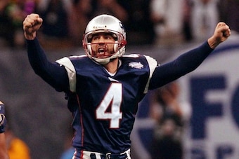 NEW ORLEANS, UNITED STATES:  New England Patriots kicker Adam Vinatieri celebrates his game-winning field goal in the second half 03 February, 2002 of Super Bowl XXXVI in New Orleans, Louisiana. The Patriots defeated the St. Louis Rams 20-17 for the NFL c