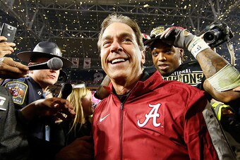 GLENDALE, AZ - JANUARY 11:  Head coach Nick Saban of the Alabama Crimson Tide celebrates after defeating the Clemson Tigers in the 2016 College Football Playoff National Championship Game at University of Phoenix Stadium on January 11, 2016 in Glendale, A