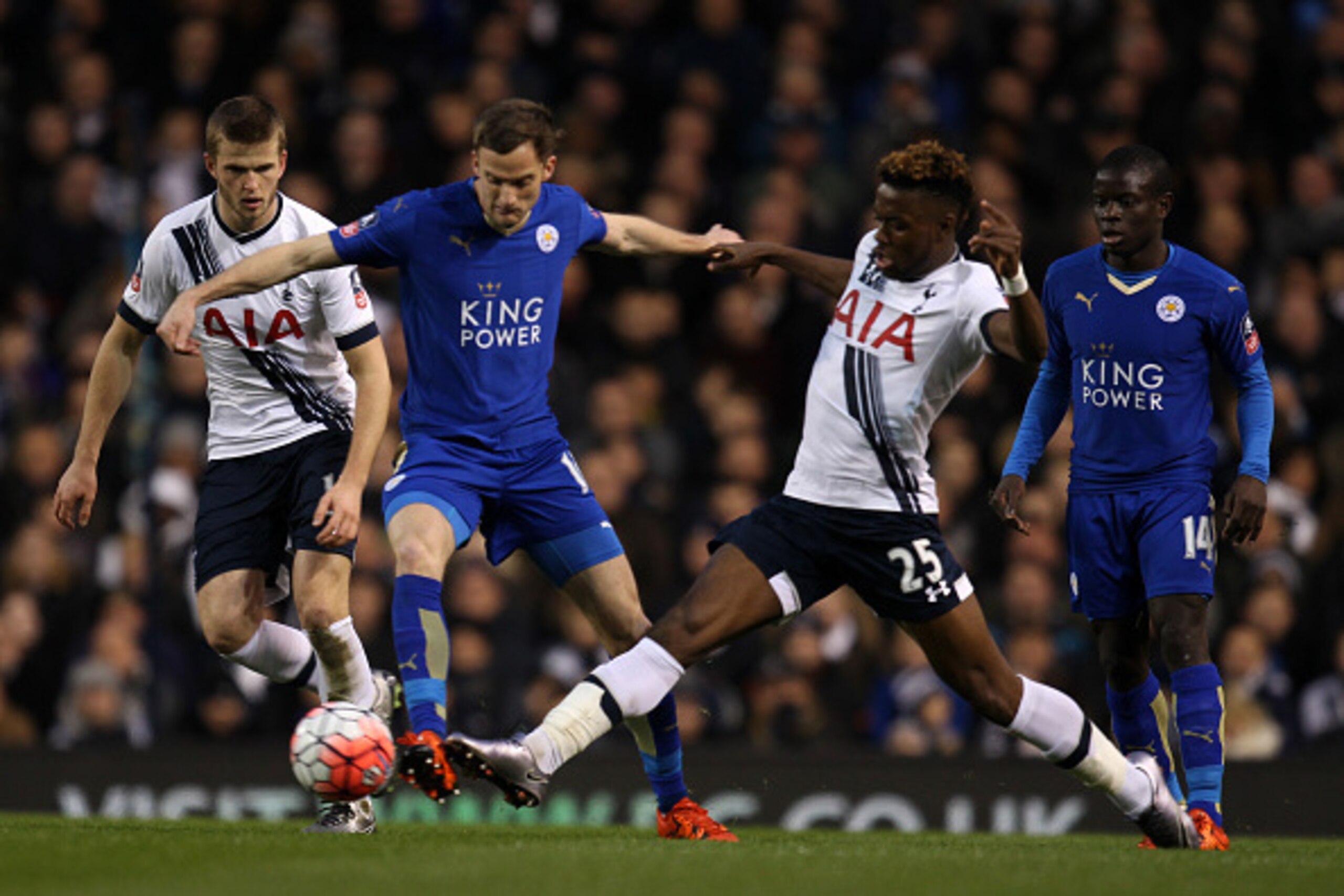 LONDON, ENGLAND - JANUARY 10: Eric Dier of Tottenham Hotspur and Andy King of Leicester City and Josh Onomah in action during the Emirates FA Cup Third Round match between Tottenham Hotspur and Leicester City at White Hart Lane on January 10, 2016 in Lond