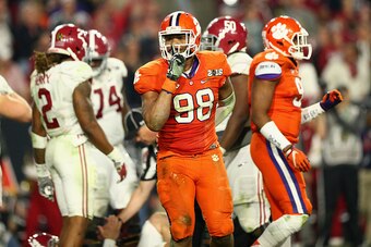 GLENDALE, AZ - JANUARY 11:  Kevin Dodd #98 of the Clemson Tigers reacts after a play in the second quarter against the Alabama Crimson Tide during the 2016 College Football Playoff National Championship Game at University of Phoenix Stadium on January 11,