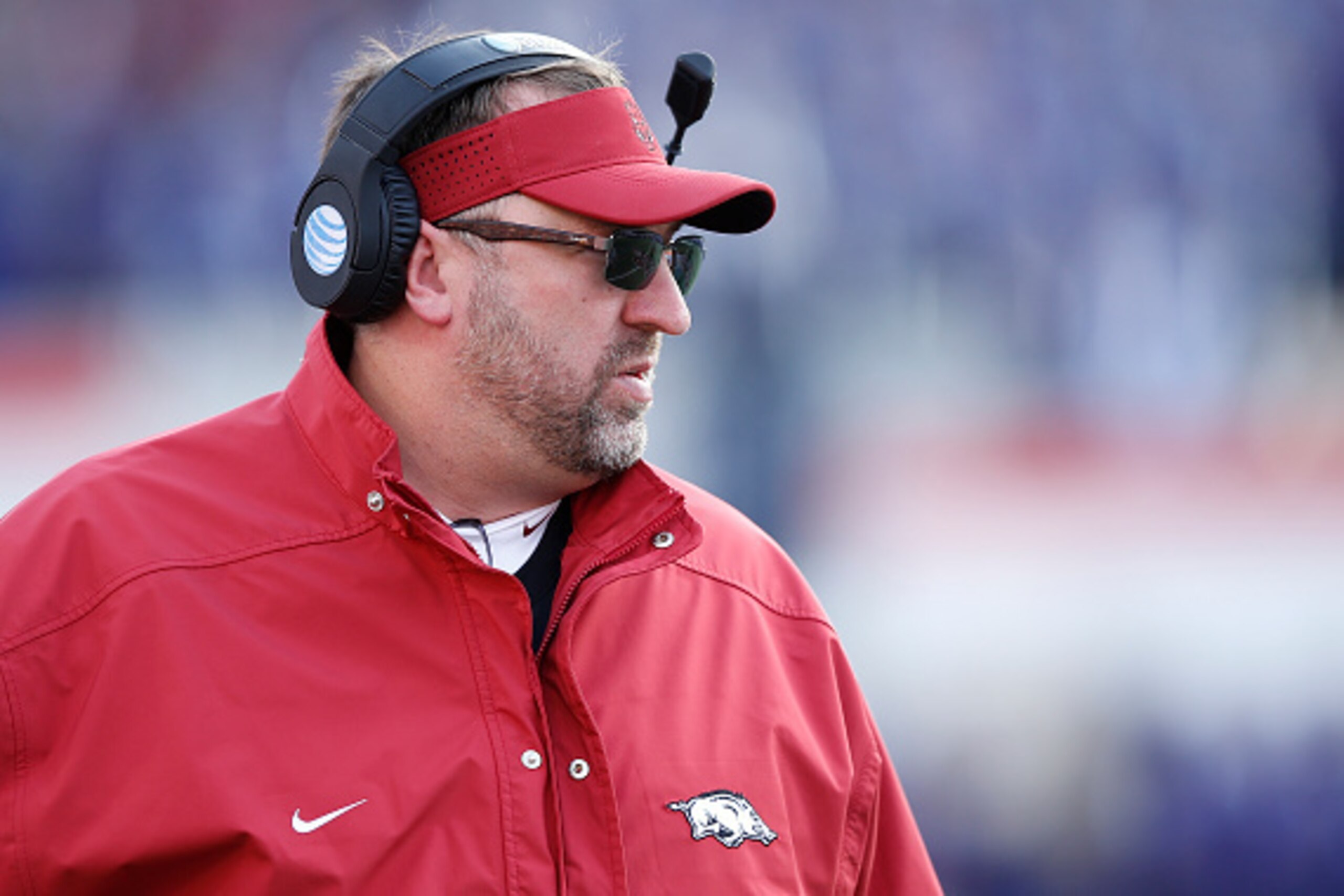 MEMPHIS, TN - JANUARY 2: Head coach Bret Bielema of the Arkansas Razorbacks looks on against the Kansas State Wildcats in the first half of the AutoZone Liberty Bowl at Liberty Bowl Memorial Stadium on January 2, 2016 in Memphis, Tennessee. (Photo by Joe 