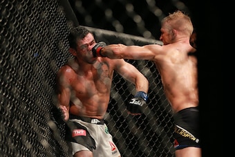 CHICAGO, IL - JULY 25:  TJ Dillashaw punches Renan Barao in their UFC bantamweight championship bout during the UFC event at the United Center on July 25, 2015 in Chicago, Illinois. (Photo by \Rey Del Rio/Zuffa LLC/Zuffa LLC via Getty Images)
