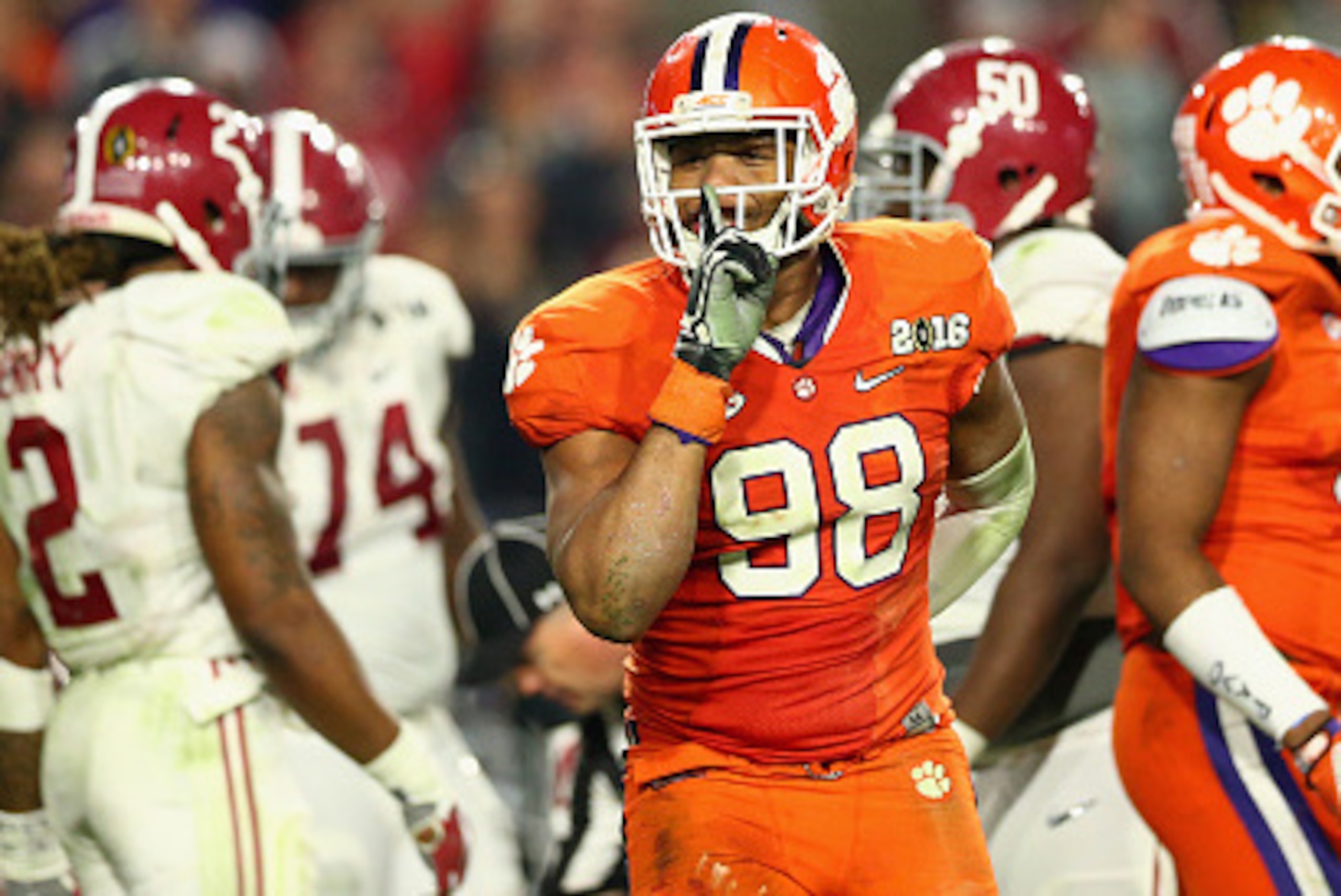 GLENDALE, AZ - JANUARY 11:  Kevin Dodd #98 of the Clemson Tigers reacts after a play in the second quarter against the Alabama Crimson Tide during the 2016 College Football Playoff National Championship Game at University of Phoenix Stadium on January 11,