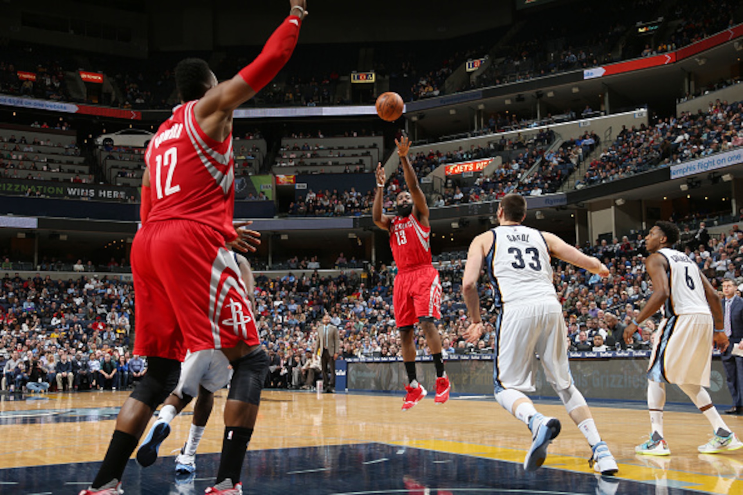 MEMPHIS, TN - JANUARY 12:  James Harden #13 of the Houston Rockets shoots the ball against the Memphis Grizzlies on January 12, 2016 at FedExForum in Memphis, Tennessee. NOTE TO USER: User expressly acknowledges and agrees that, by downloading and or usin