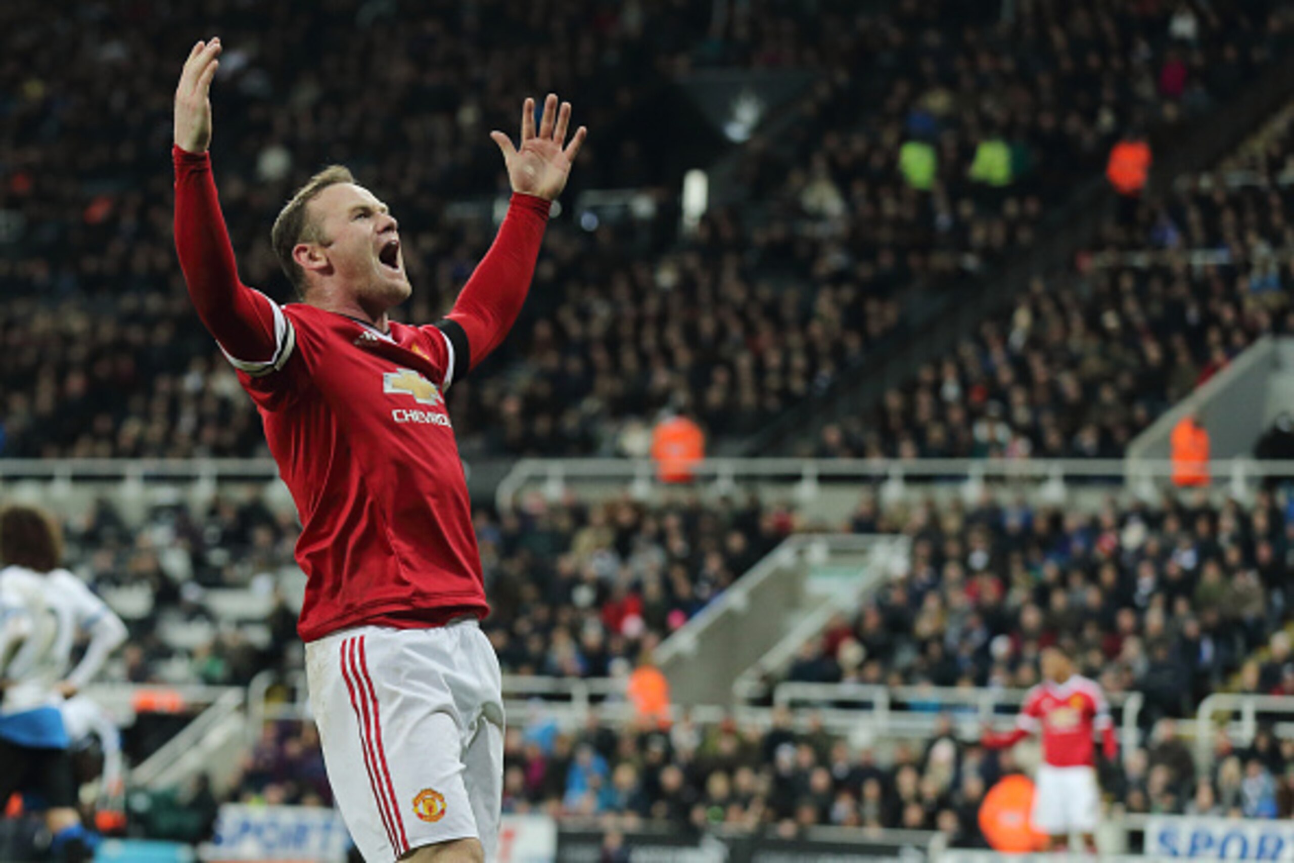 NEWCASTLE UPON TYNE, ENGLAND - JANUARY 12:  Wayne Rooney of Manchester United celebrates after scoring a goal to make it 2-3 during the Barclays Premier League match between Newcastle United and Manchester United at at St James' Park on December 19, 2015 