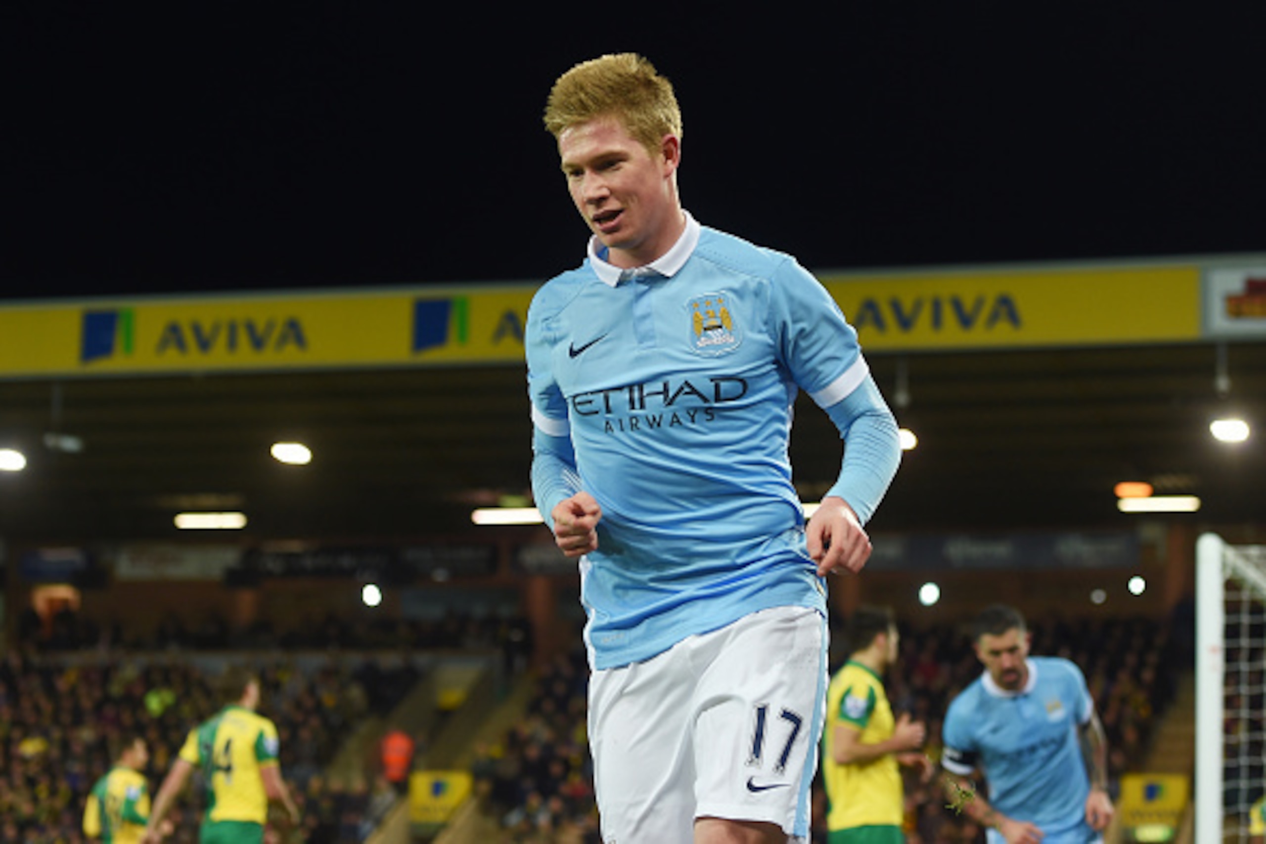 NORWICH, ENGLAND - JANUARY 09:  Kevin de Bruyne of Manchester City celebrates scoring his team's third goal during the Emirates FA Cup third round match between Norwich City and Manchester City at Carrow Road on January 9, 2016 in Norwich, England.  (Phot