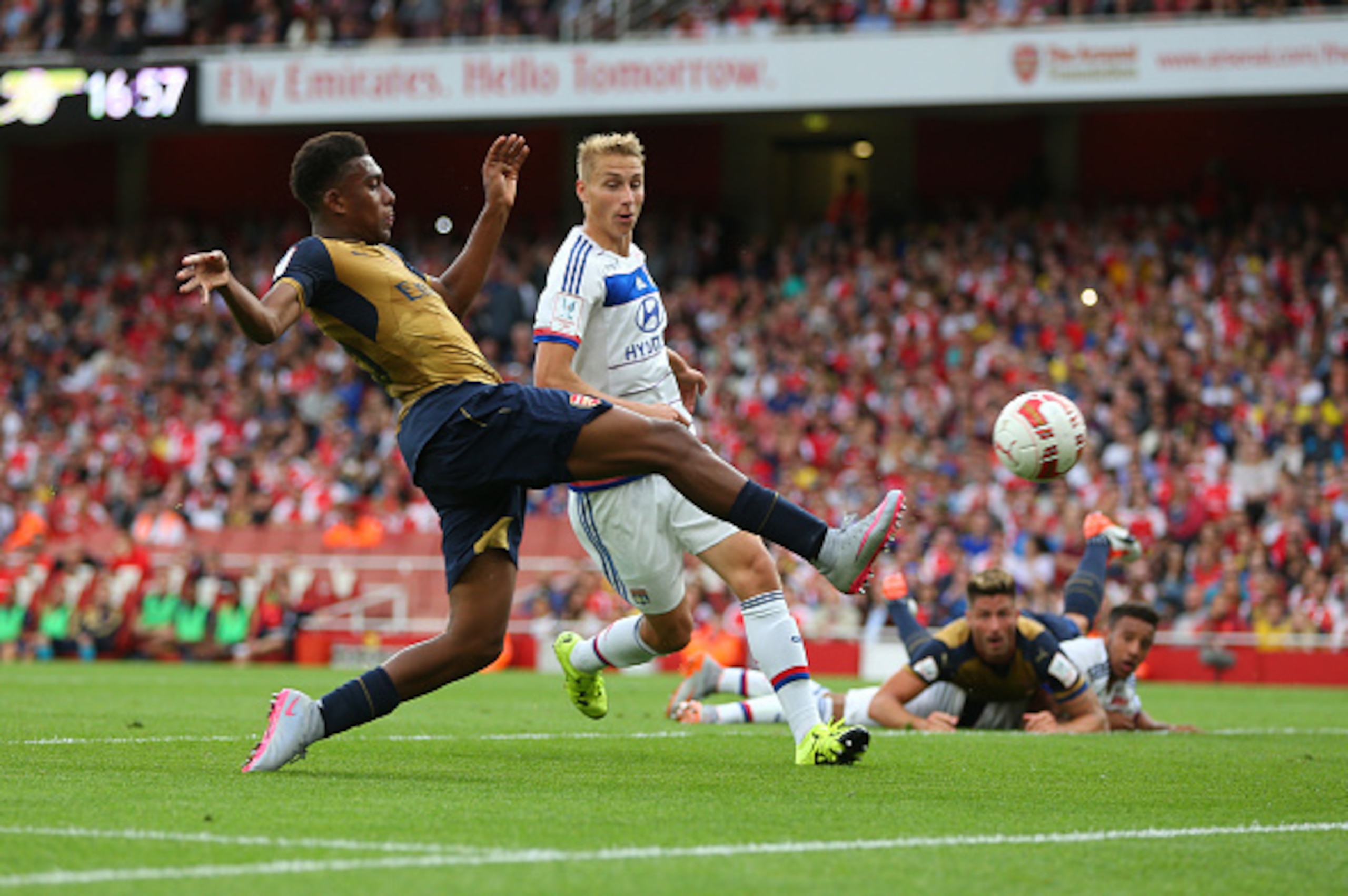LONDON, ENGLAND - JULY 25:  Alex Iwobi of Arsenal scores but his goal is disallowed during the Emirates Cup match between Arsenal and Olympique Lyonnais at Emirates Stadium on July 25, 2015 in London, England.  (Photo by Catherine Ivill - AMA/Getty Images