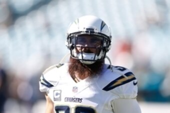 Nov 29, 2015; Jacksonville, FL, USA; San Diego Chargers free safety Eric Weddle (32) looks on during pre-game against the Jacksonville Jaguars at EverBank Field. The Chargers won 31-25. Mandatory Credit: Jim Steve-USA TODAY Sports