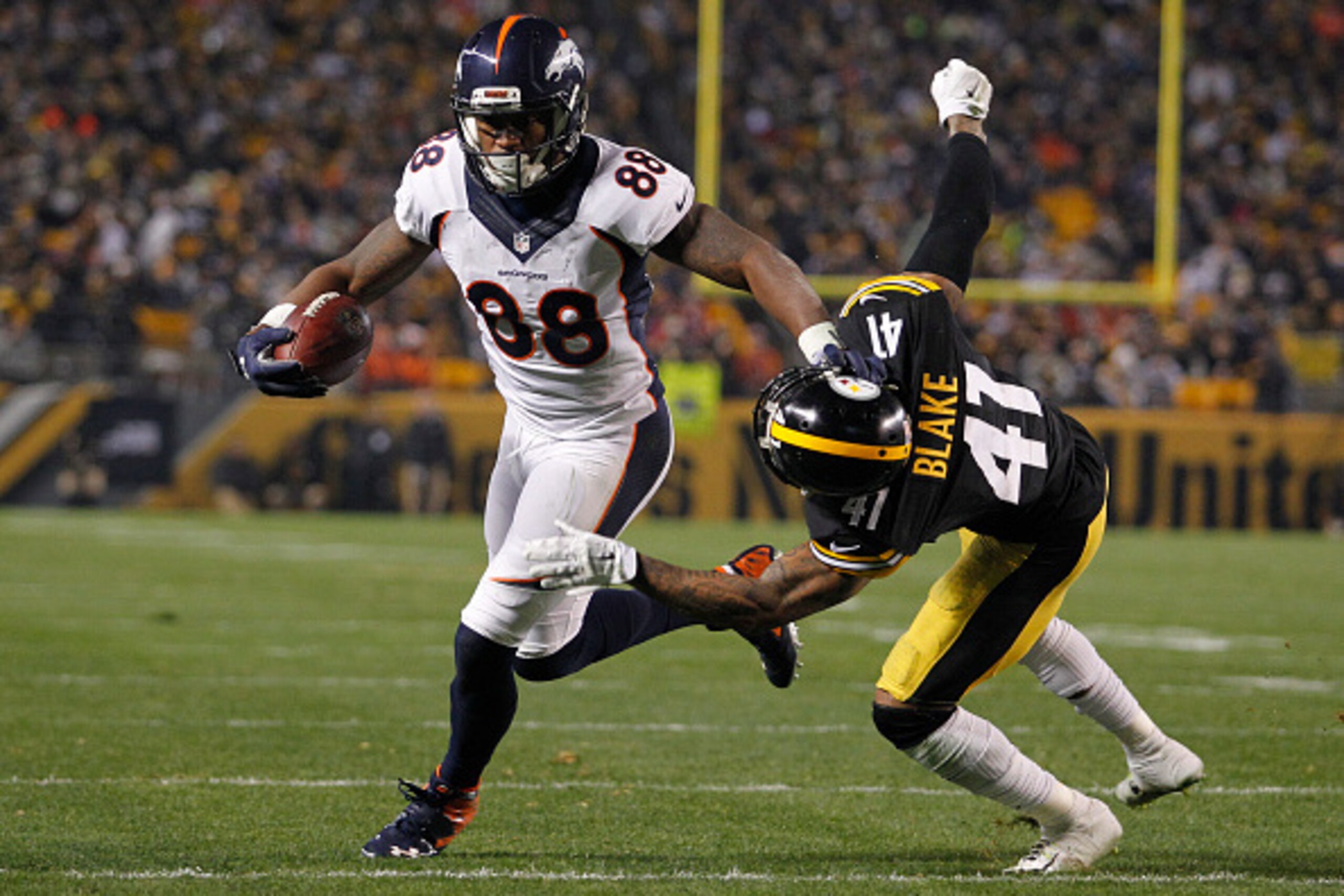 PITTSBURGH, PA - DECEMBER 20:  Demaryius Thomas #88 of the Denver Broncos in action during the game against Antwon Blake #41 of the Pittsburgh Steelers on December 20, 2015 at Heinz Field in Pittsburgh, Pennsylvania.  (Photo by Justin K. Aller/Getty Image