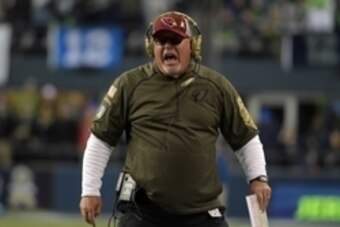 Nov 15, 2015; Seattle, WA, USA; Arizona Cardinals head coach Bruce Arians reacts during a NFL football game against the Seattle Seahawks at CenturyLink Field. Mandatory Credit: Kirby Lee-USA TODAY Sports