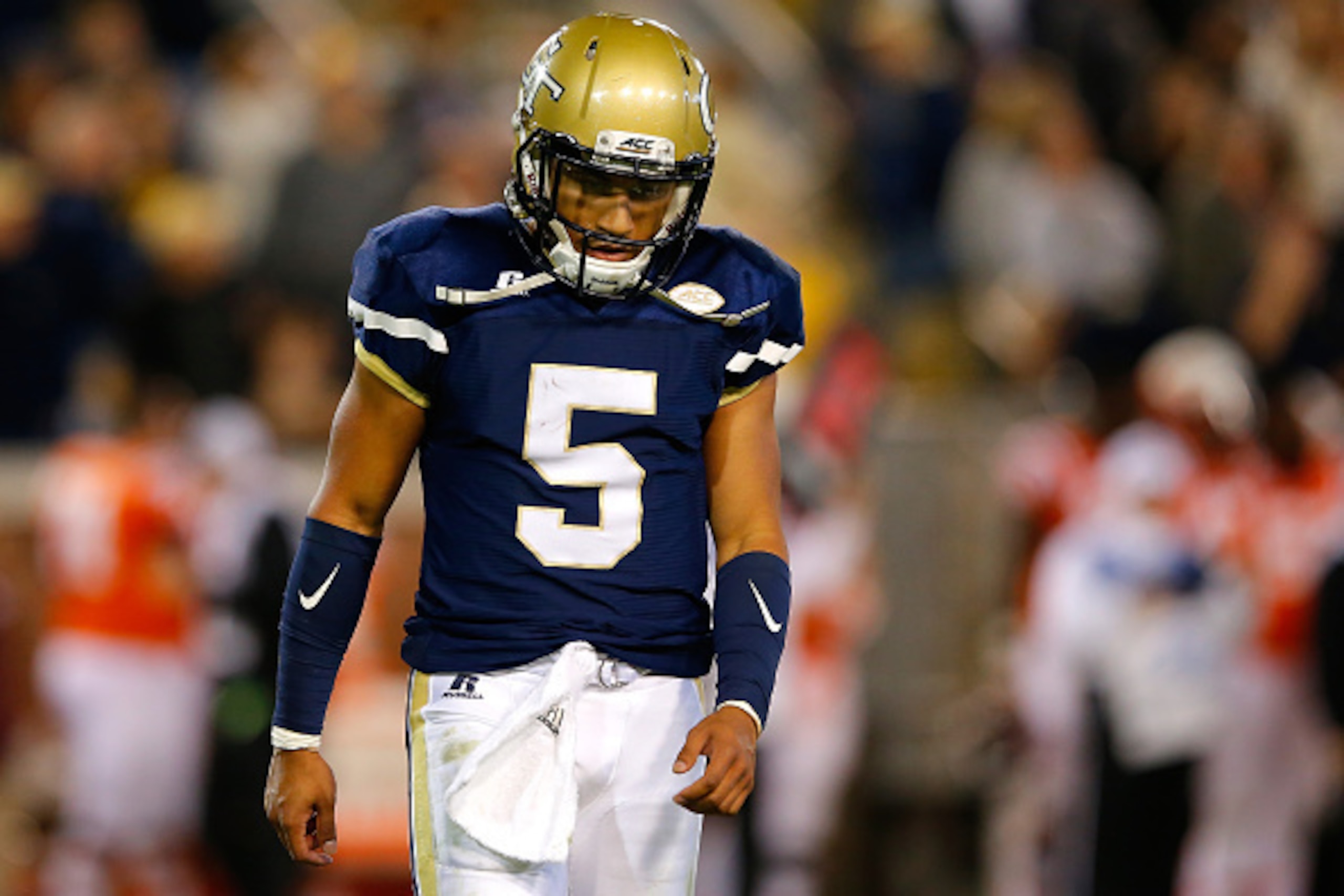 ATLANTA, GA - NOVEMBER 12: Justin Thomas #5 of the Georgia Tech Yellow Jackets reacts after a failed series against the Virginia Tech Hokies at Bobby Dodd Stadium on November 12, 2015 in Atlanta, Georgia. (Photo by Kevin C. Cox/Getty Images) ATLANTA, GA - NOVEMBER 12: Justin Thomas #5 of the Georgia Tech Yellow Jackets reacts after a failed series against the Virginia Tech Hokies at Bobby Dodd Stadium on November 12, 2015 in Atlanta, Georgia. (Photo by Kevin C. Cox/Getty Images)