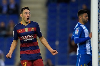 Barcelona's forward Munir El Haddadi celebrates after scoring a goal during the Spanish Copa del Rey (King's Cup) round of 16 second leg football match RCD Espanyol vs FC Barcelona at Cornella-El Prat stadium in Cornella near Barcelona, on January 13, 201