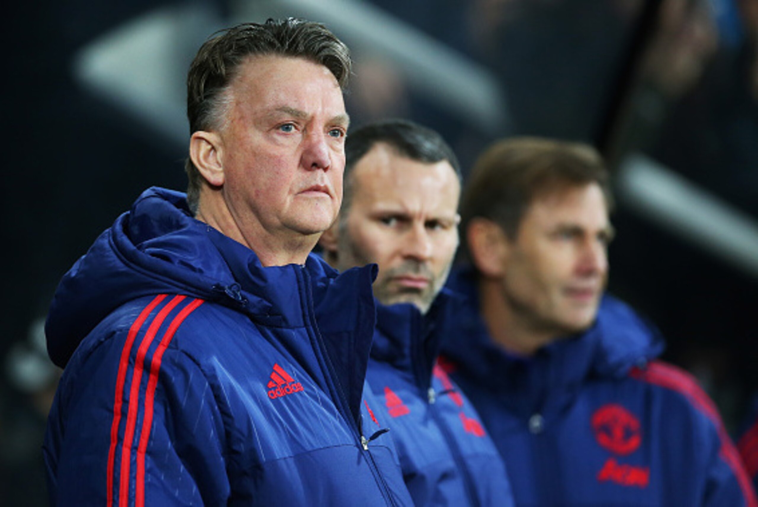 NEWCASTLE UPON TYNE, ENGLAND - JANUARY 12:  Louis van Gaal manager of Manchester United and Ryan Giggs assistant manager of Manchester United look on prior to the Barclays Premier League match between Newcastle United and Manchester United at St James' Pa