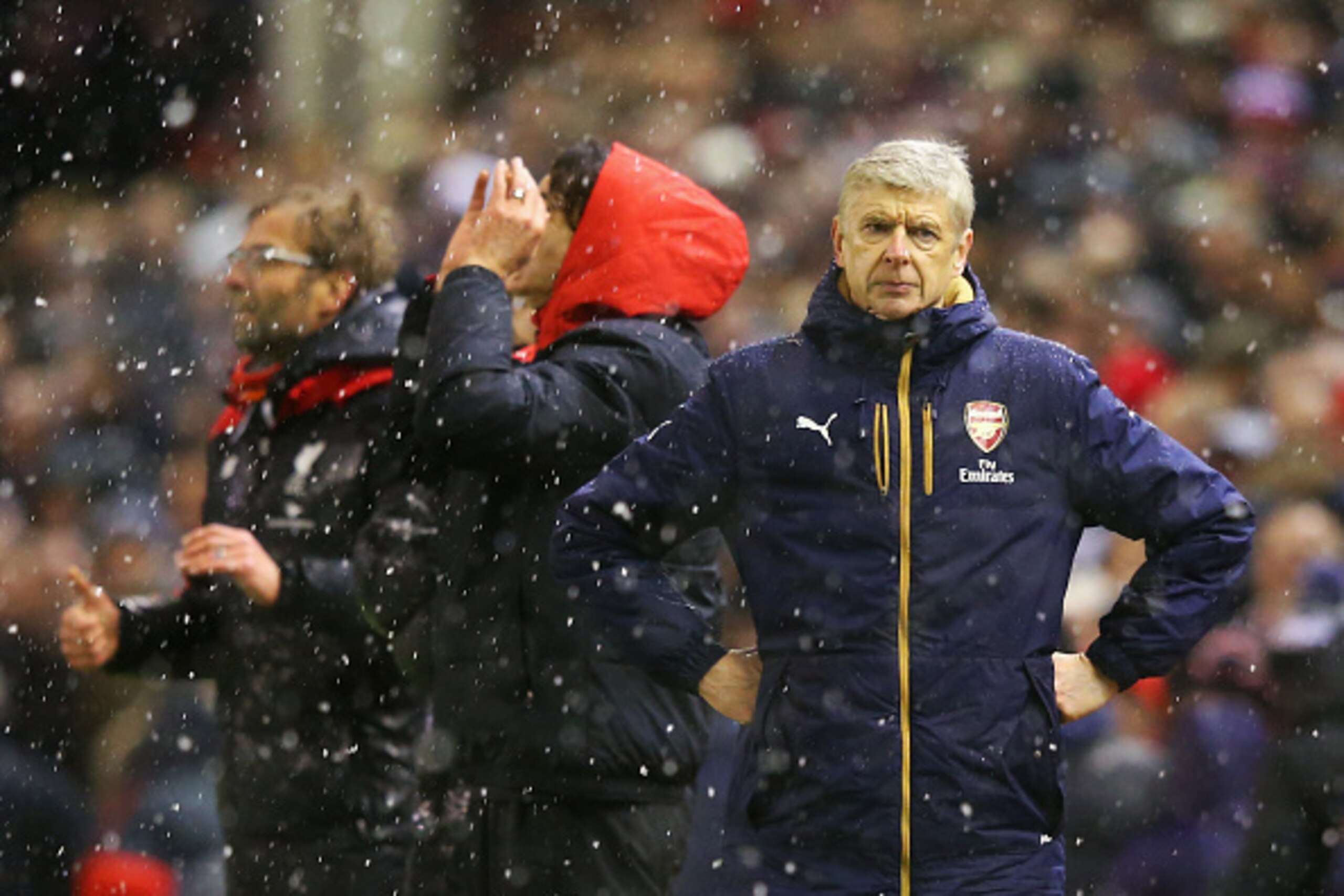 LIVERPOOL, ENGLAND - JANUARY 13: Arsene Wenger Manager of Arsenal reacts after Liverpool's third goal during the Barclays Premier League match between Liverpool and Arsenal at Anfield on January 13, 2016 in Liverpool, England.  (Photo by Alex Livesey/Gett