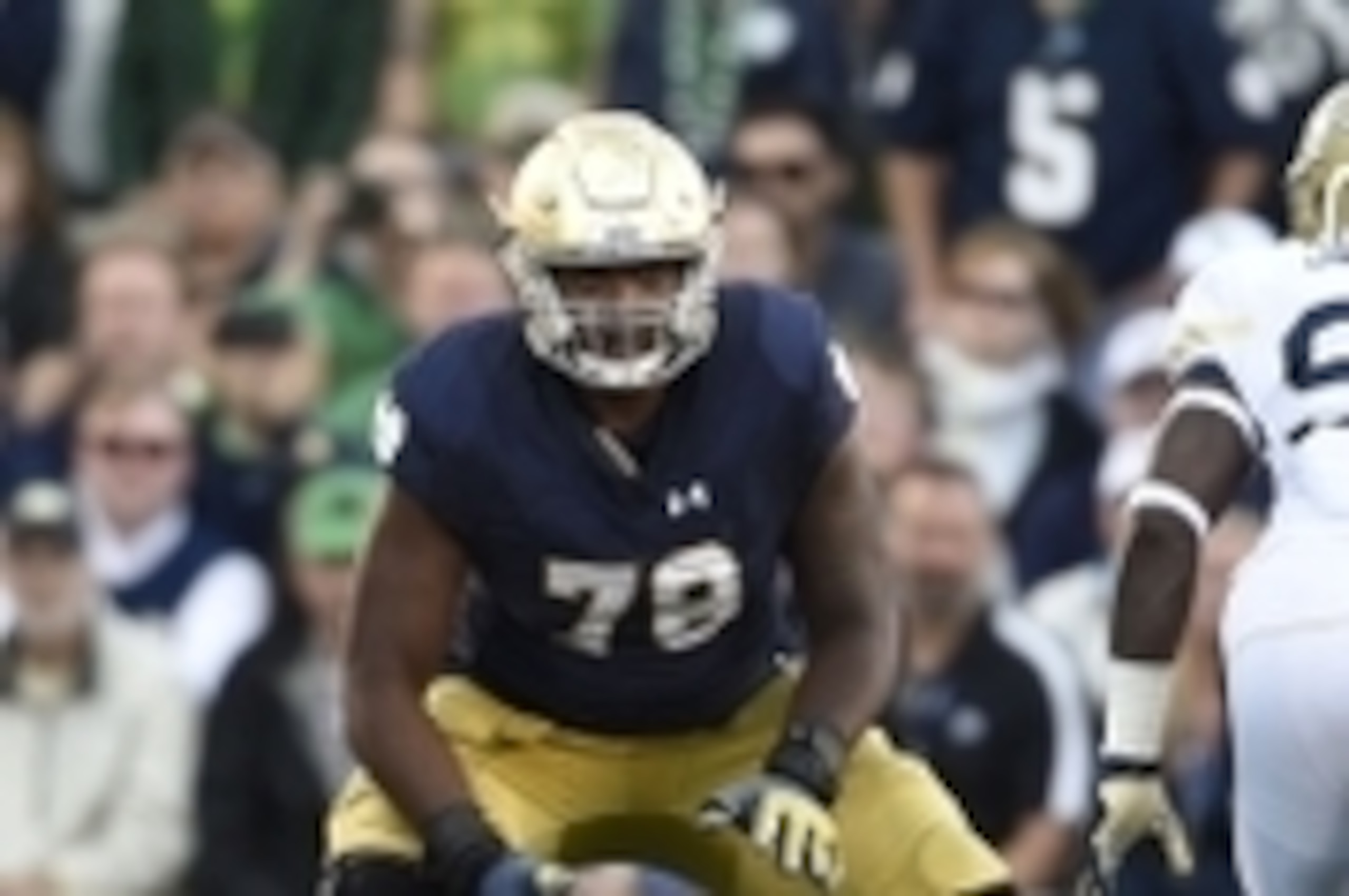 Sep 19, 2015; South Bend, IN, USA; Notre Dame Fighting Irish offensive lineman Ronnie Stanley (78) prepares to block Georgia Tech Yellow Jackets defensive lineman Antonio Simmons (93) at Notre Dame Stadium. Mandatory Credit: RVR Photos-USA TODAY Sports